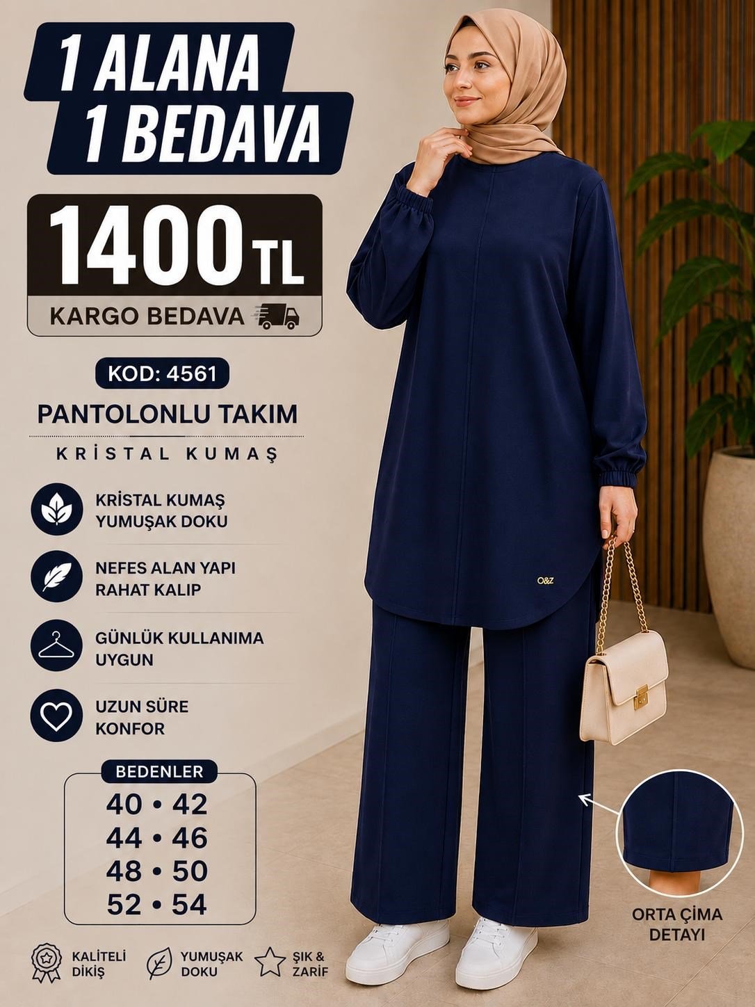 1 ALANA 1 BEDAVA 1400 TL KARGO BEDAVA OYSHO KUMAŞ ÇİMA DETAYLI PANTALONLU TAKIM LACİVERT 