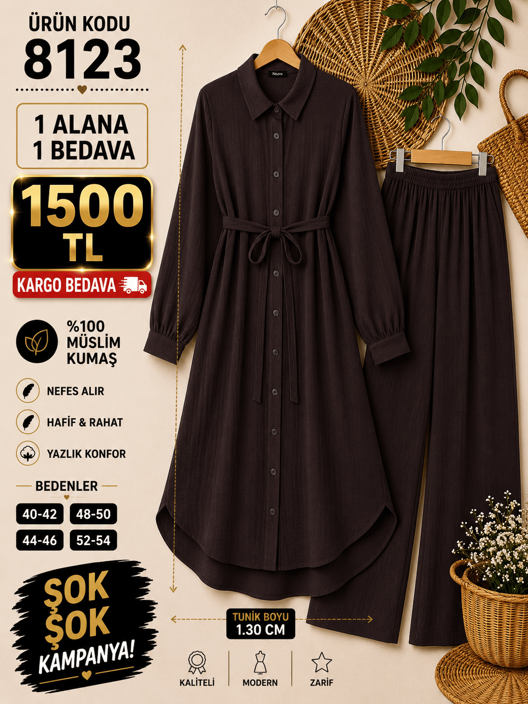 1 ALANA 1 BEDAVA 1500 TL KARGO BEDAVA MÜSLİN KUMAŞ PANTOLONLU BOYDAN DÜĞMELİ DİZ ALTI TUNİK TAKIM KAHVERENGİ 