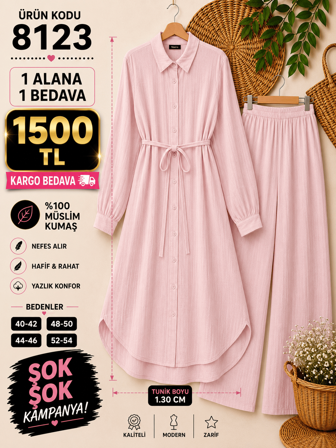 1 ALANA 1 BEDAVA 1500 TL KARGO BEDAVA MÜSLİN KUMAŞ PANTOLONLU BOYDAN DÜĞMELİ DİZ ALTI TUNİK TAKIM TOZ PEMBE 