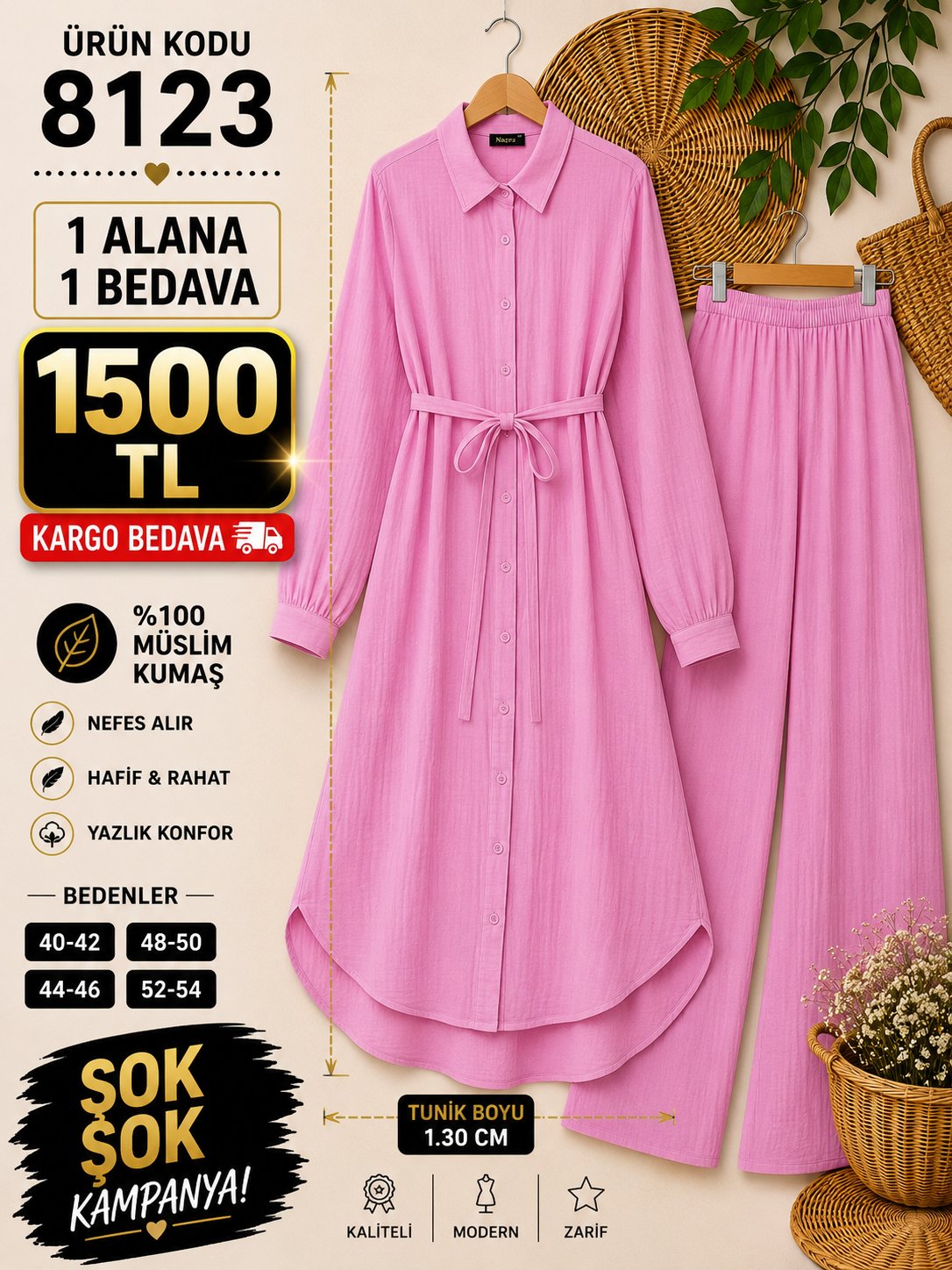 1 ALANA 1 BEDAVA 1500 TL KARGO BEDAVA MÜSLİN KUMAŞ PANTOLONLU BOYDAN DÜĞMELİ DİZ ALTI TUNİK TAKIM PEMBE 