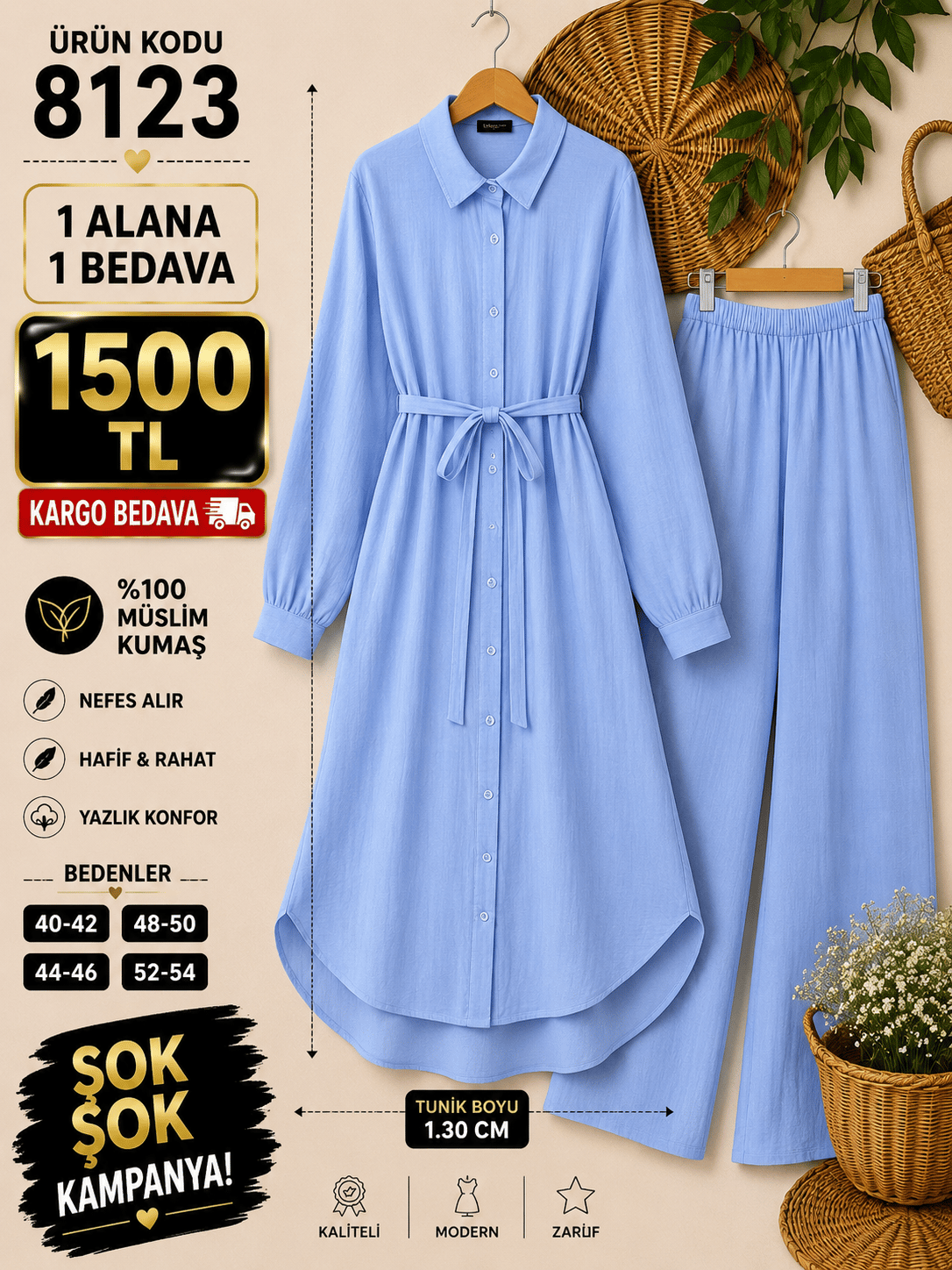 1 ALANA 1 BEDAVA 1500 TL KARGO BEDAVA MÜSLİN KUMAŞ PANTOLONLU BOYDAN DÜĞMELİ DİZ ALTI TUNİK TAKIM BEBE MAVİ 