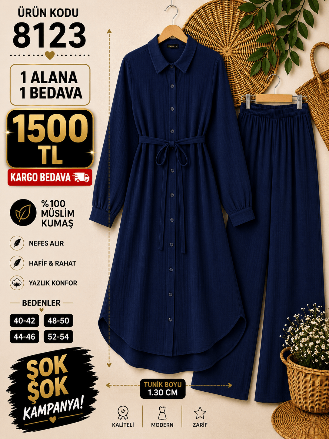 1 ALANA 1 BEDAVA 1500 TL KARGO BEDAVA MÜSLİN KUMAŞ PANTOLONLU BOYDAN DÜĞMELİ DİZ ALTI TUNİK TAKIM LACİVERT 