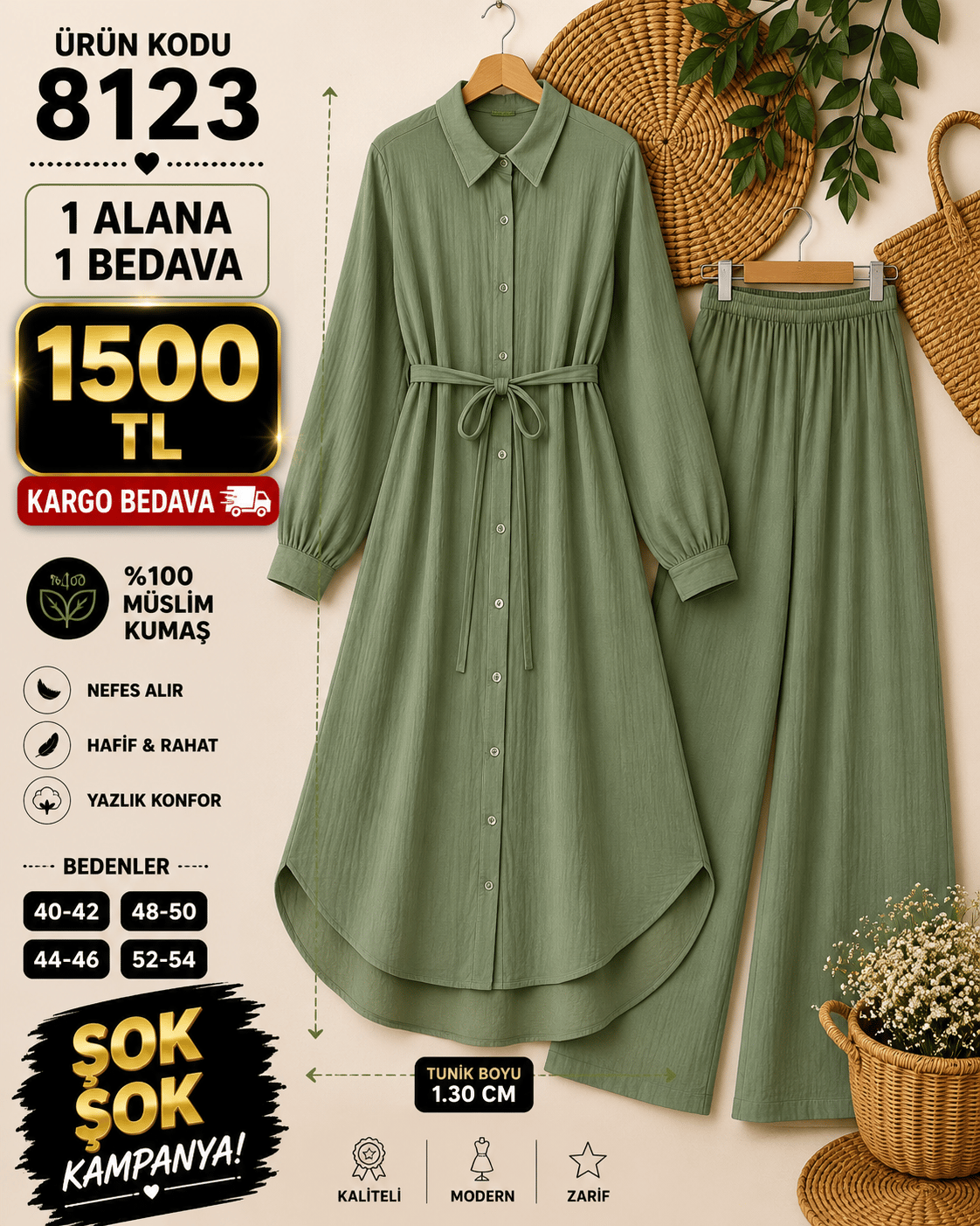 1 ALANA 1 BEDAVA 1500 TL KARGO BEDAVA MÜSLİN KUMAŞ PANTOLONLU BOYDAN DÜĞMELİ DİZ ALTI TUNİK TAKIM MİNT YEŞİLİ 
