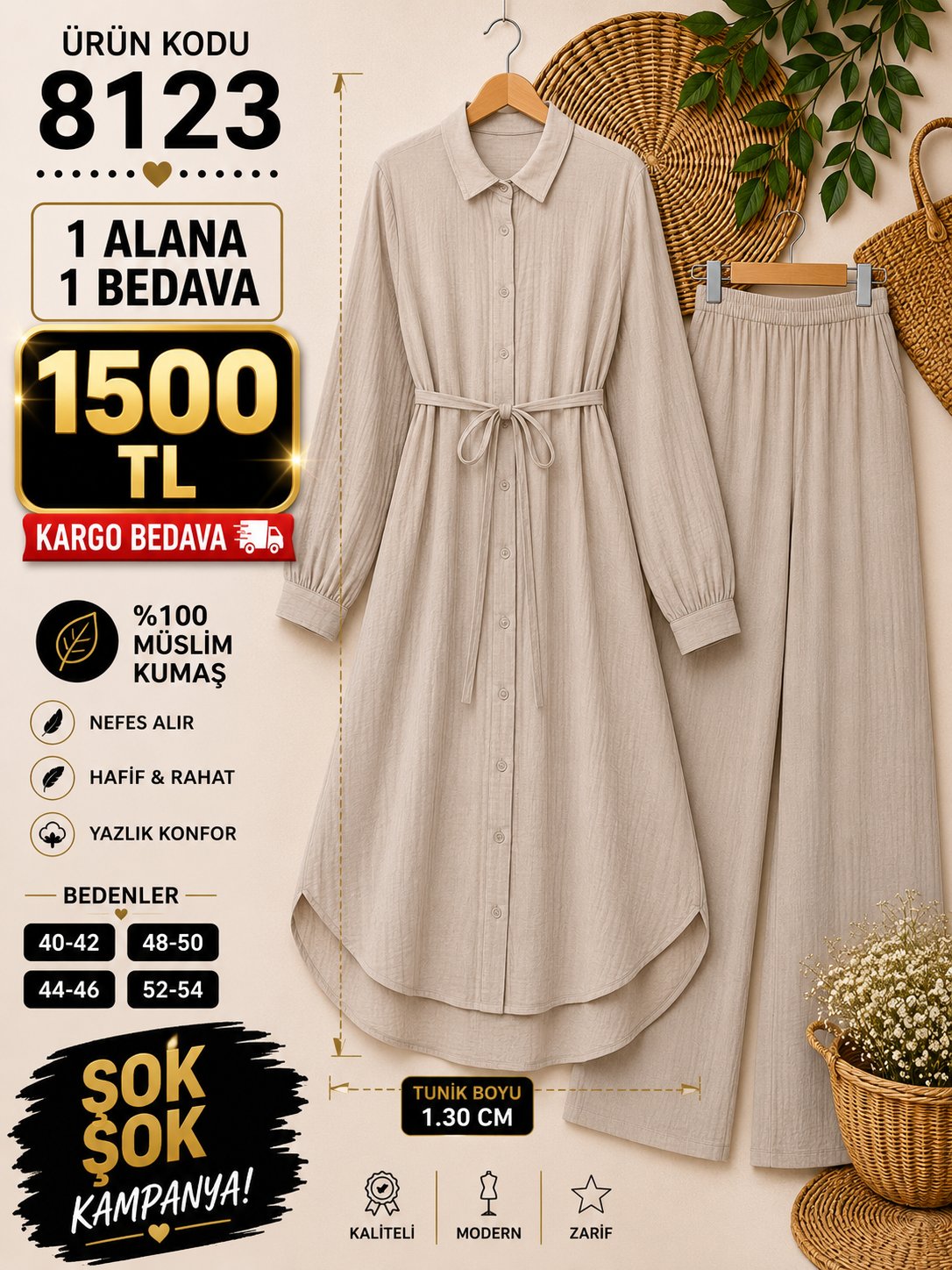 1 ALANA 1 BEDAVA 1500 TL KARGO BEDAVA MÜSLİN KUMAŞ PANTOLONLU BOYDAN DÜĞMELİ DİZ ALTI TUNİK TAKIM TAŞ 