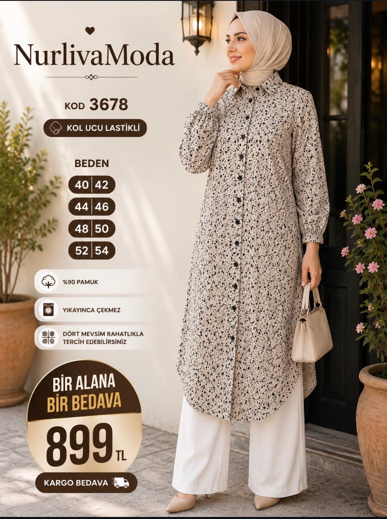 1 ALANA  1 BEDAVA 899 TL KARGO BEDAVA MÜSLİM KETEN KUMAŞ ÇİÇEK DESENLİ BOYDAN DÜĞMELİ  TUNİK  VİZON