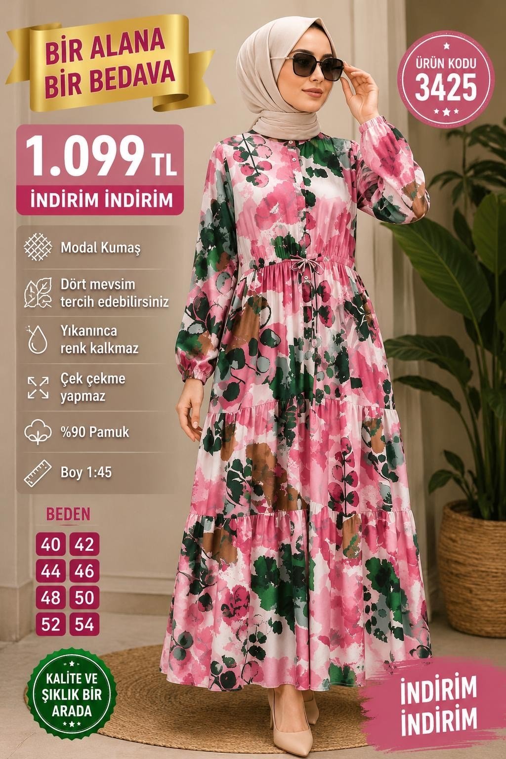 1 ALANA 1 BEDAVA KARDO BEDAVA BELDEN BAĞLAMALI MODAL KUMAŞ ÇİÇEKLİ ELBİSE TOZ PEMBE