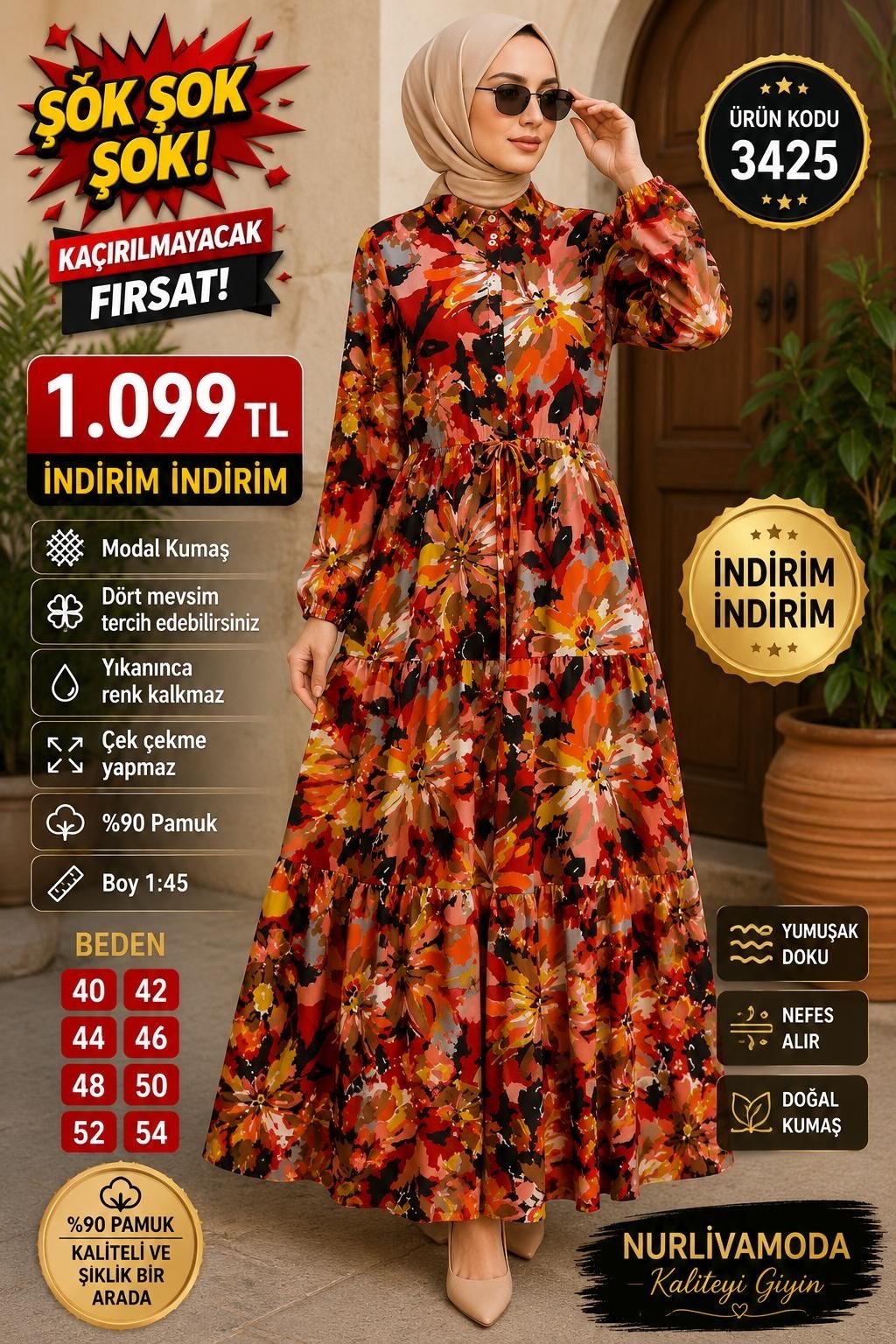 1 ALANA 1 BEDAVA KARDO BEDAVA BELDEN BAĞLAMALI MODAL KUMAŞ ÇİÇEKLİ ELBİSE KIRMIZI