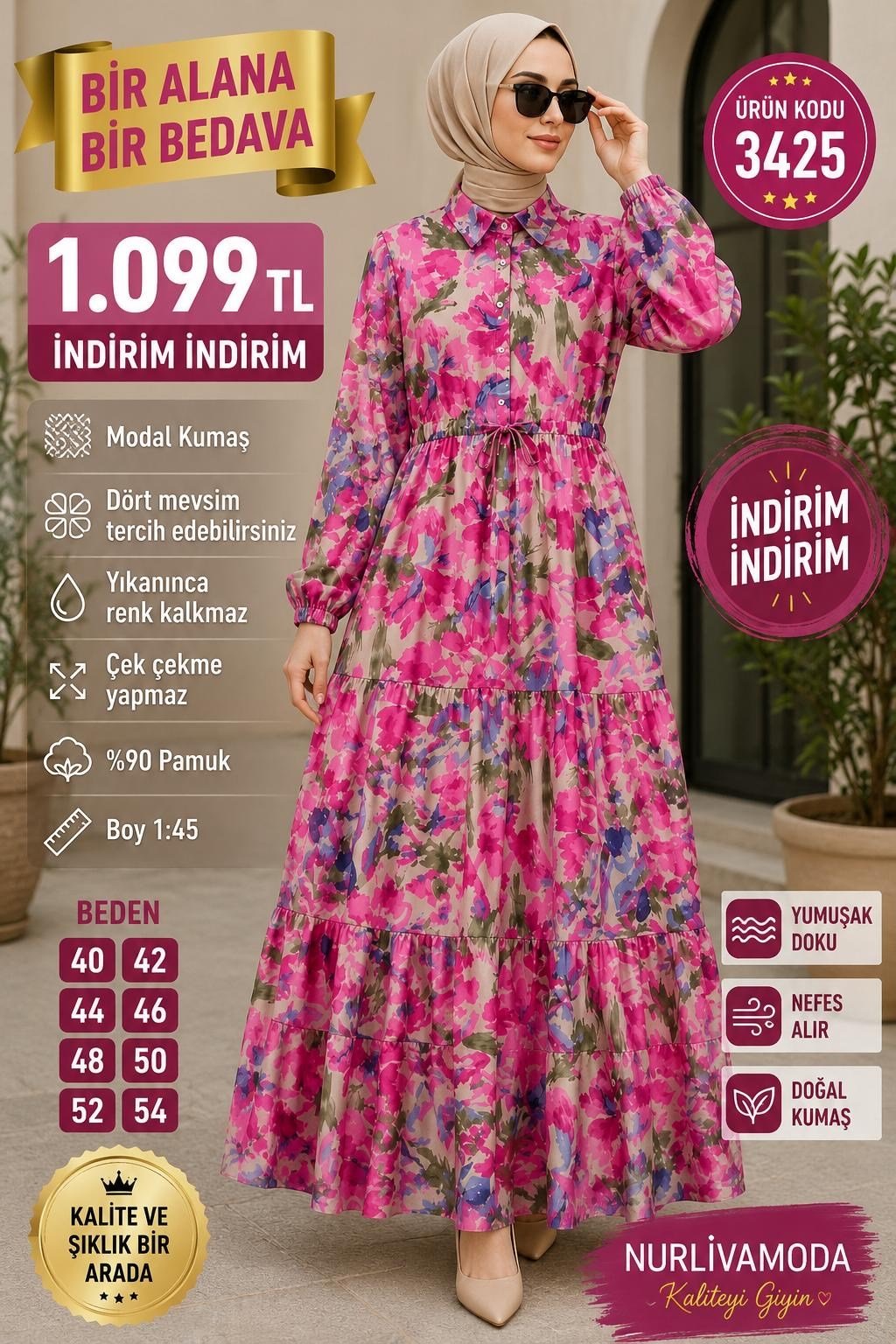 1 ALANA 1 BEDAVA KARDO BEDAVA BELDEN BAĞLAMALI MODAL KUMAŞ ÇİÇEKLİ ELBİSE PEMBE