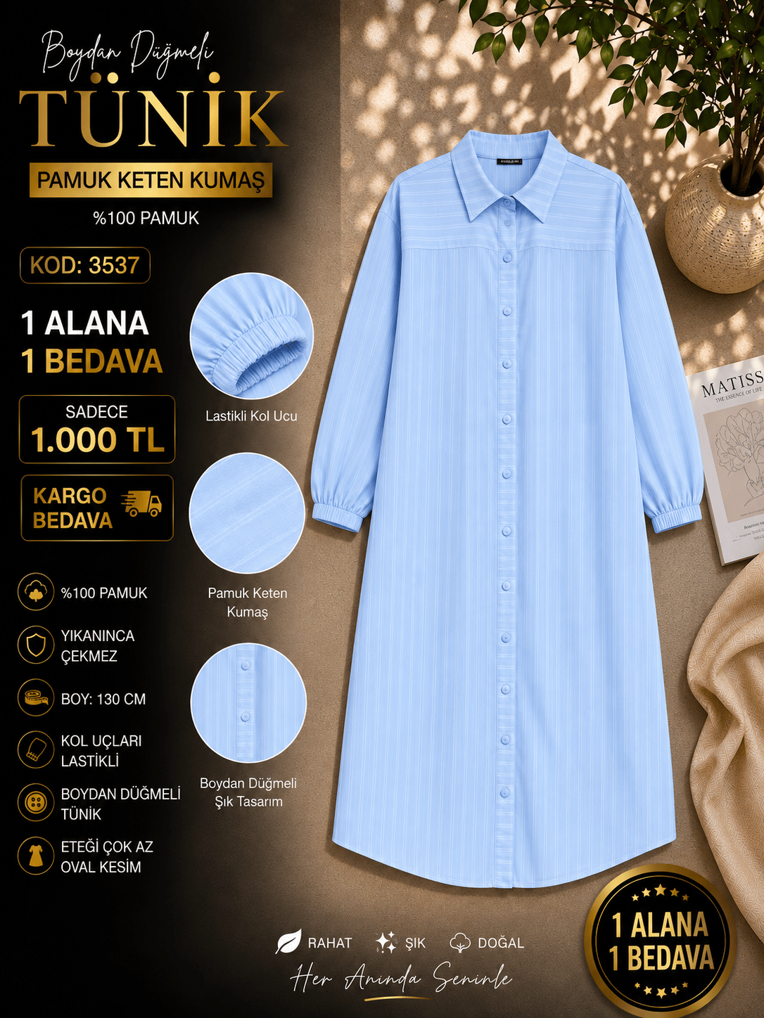 1 ALANA 1 BEDAVA KARGO BEDAVA 1000 TL BOYDAN DÜĞMELİ  TUNİK BEBE MAVİSİ