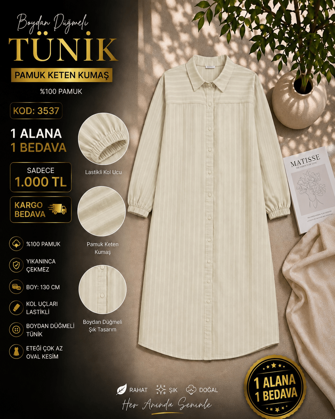 1 ALANA 1 BEDAVA KARGO BEDAVA 1000 TL BOYDAN DÜĞMELİ  TUNİK YEŞİL