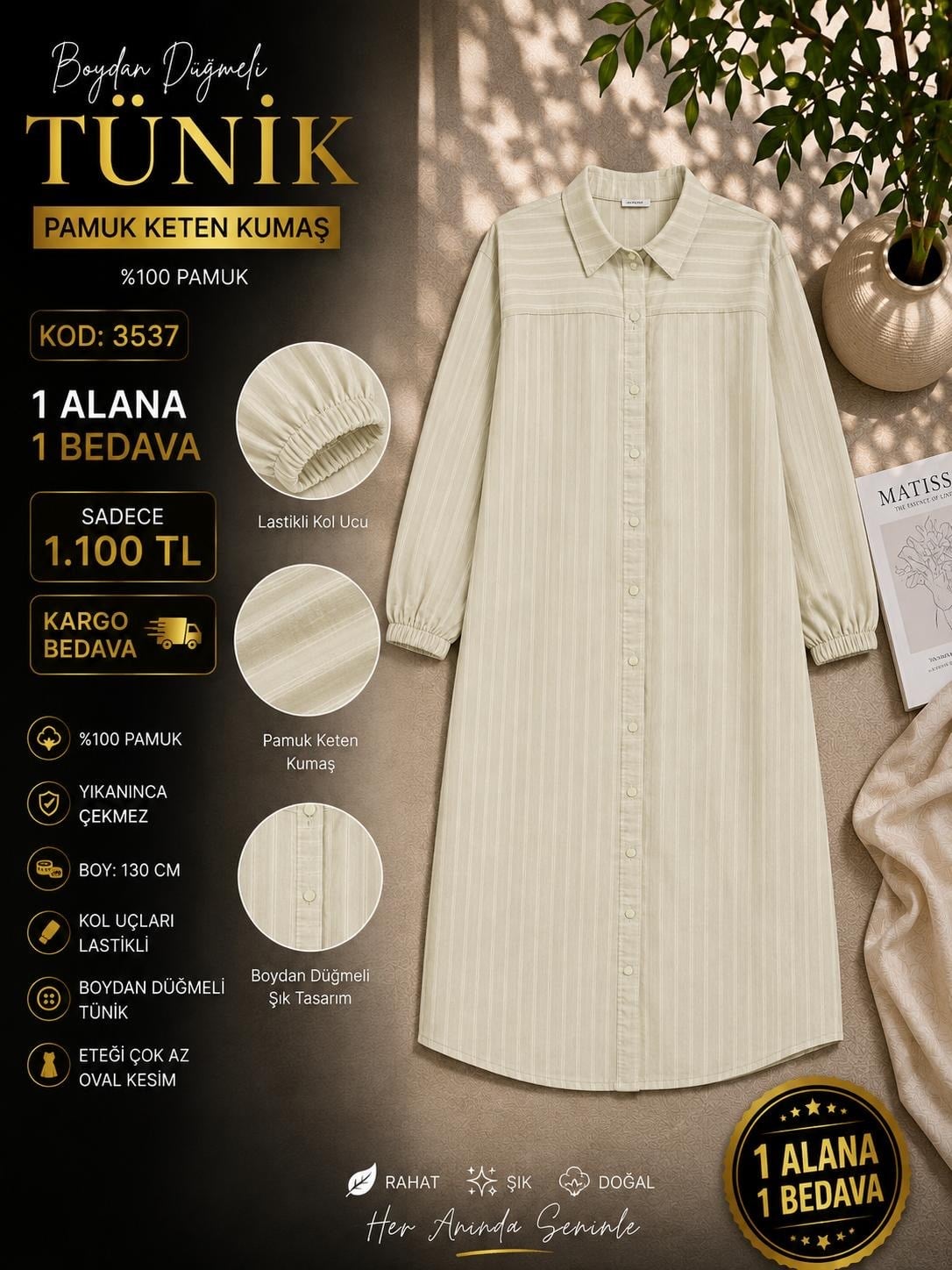 1 ALANA 1 BEDAVA KARGO BEDAVA 1100 TL BOYDAN DÜĞMELİ  TUNİK YEŞİL