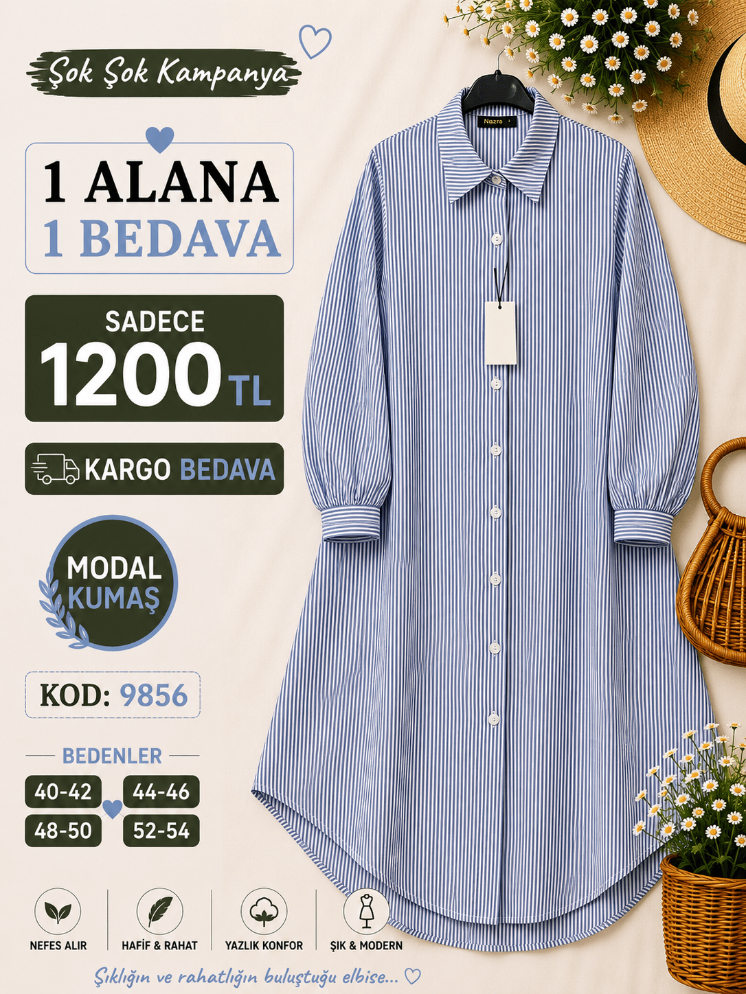 1 ALANA 1 BEDAVA KARGO BEDAVA ÇİZGİLİ VİSKON KETEN KUMAŞ BOYDAN DÜĞMELİ TUNİK MAVİ