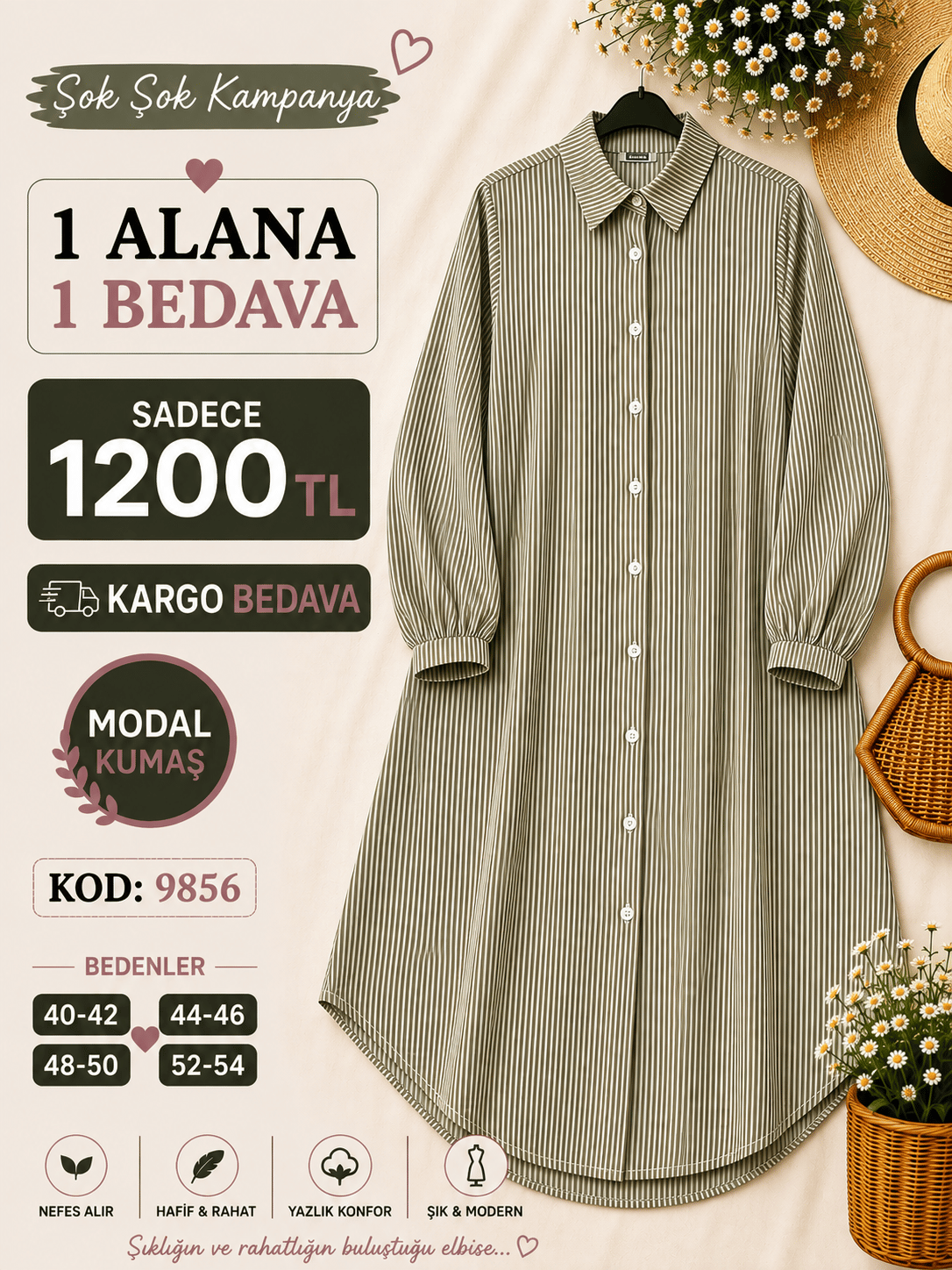 1 ALANA 1 BEDAVA KARGO BEDAVA ÇİZGİLİ VİSKON KETEN KUMAŞ BOYDAN DÜĞMELİ TUNİK HAKİ 