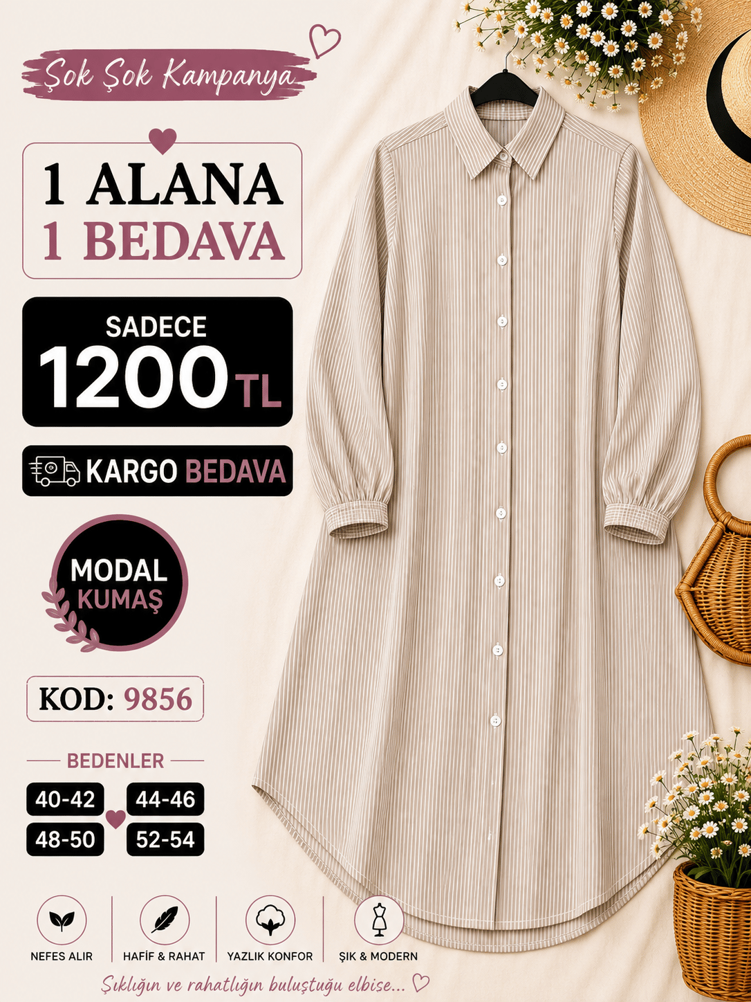 1 ALANA 1 BEDAVA KARGO BEDAVA ÇİZGİLİ VİSKON KETEN KUMAŞ BOYDAN DÜĞMELİ TUNİK SÜTLÜ KAHVE 