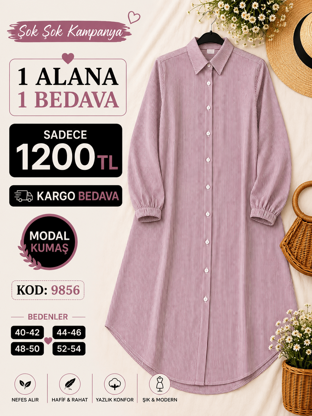 1 ALANA 1 BEDAVA KARGO BEDAVA ÇİZGİLİ VİSKON KETEN KUMAŞ BOYDAN DÜĞMELİ TUNİK MÜRDÜM 
