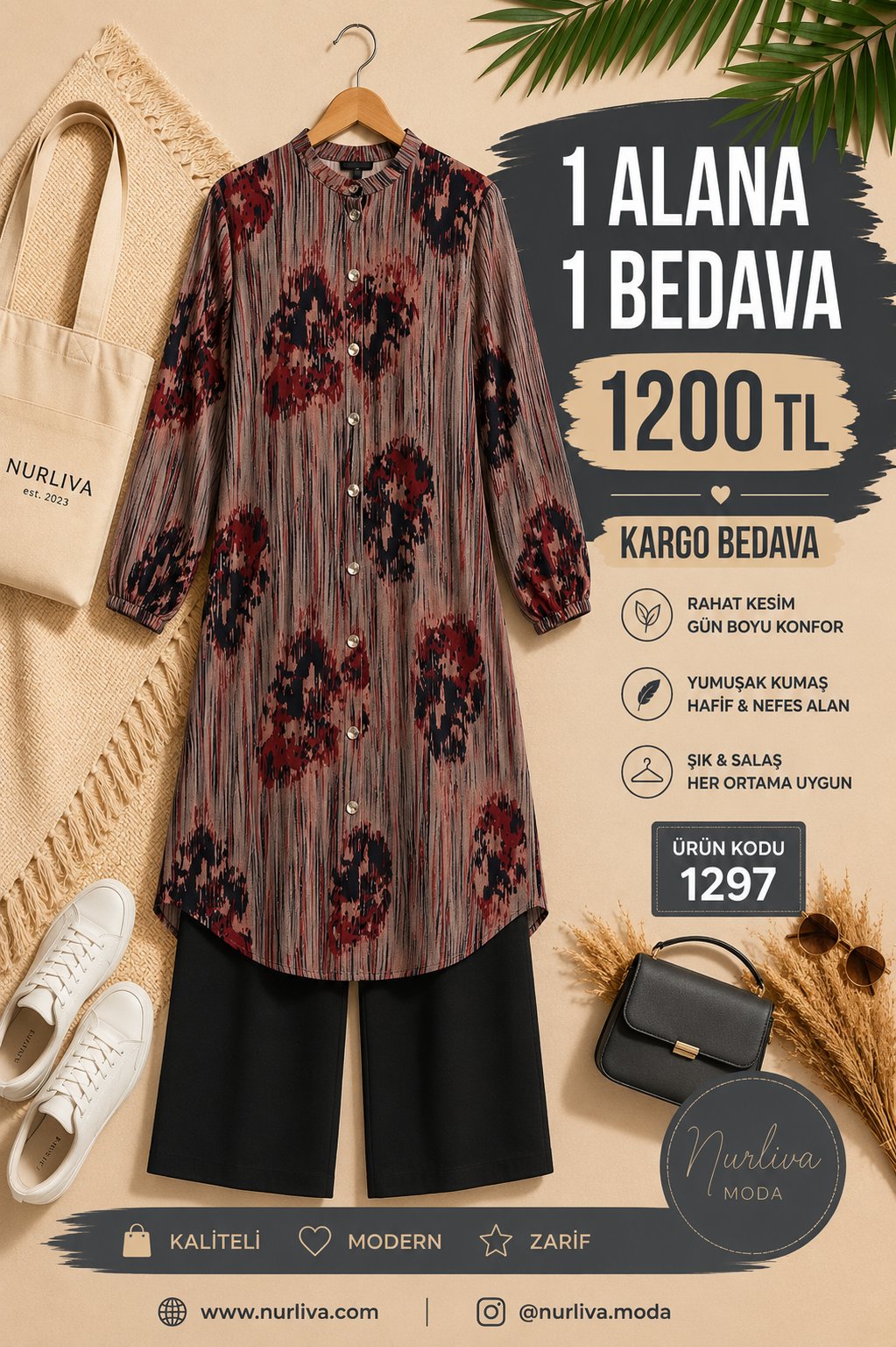 1297 VİSKON KUMAİ BOYDAN DÜĞMELİ ÇİÇEK DESENLİ UZUN TUNİK TAKIM BORDO 