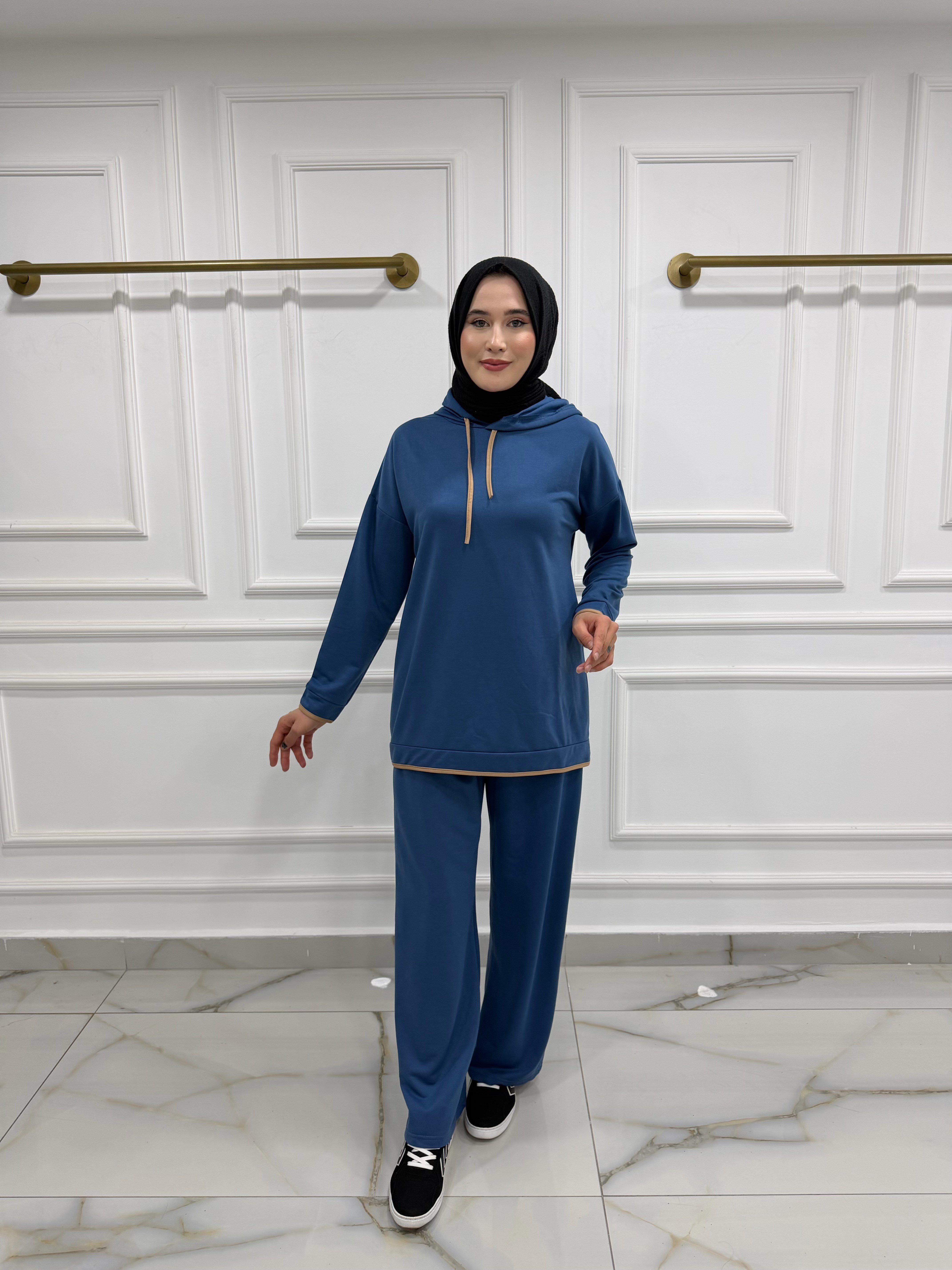 13021 İKİ İPLİK KUMAŞ KAPŞONLU ŞERİT DETAYLI TUNİK TAKIM  MAVİ 