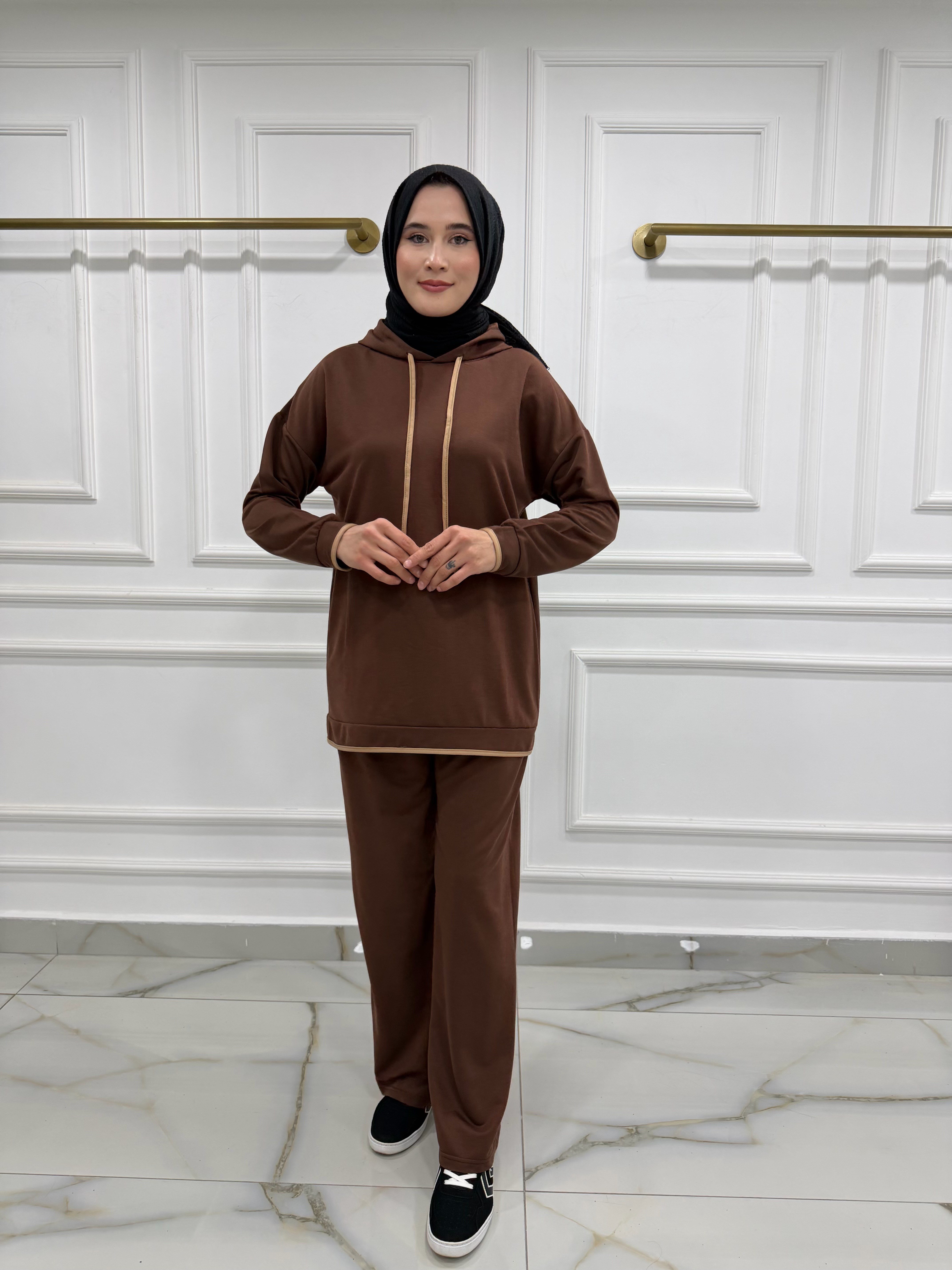 13021 İKİ İPLİK KUMAŞ KAPŞONLU ŞERİT DETAYLI TUNİK TAKIM  KAHVERENGİ 