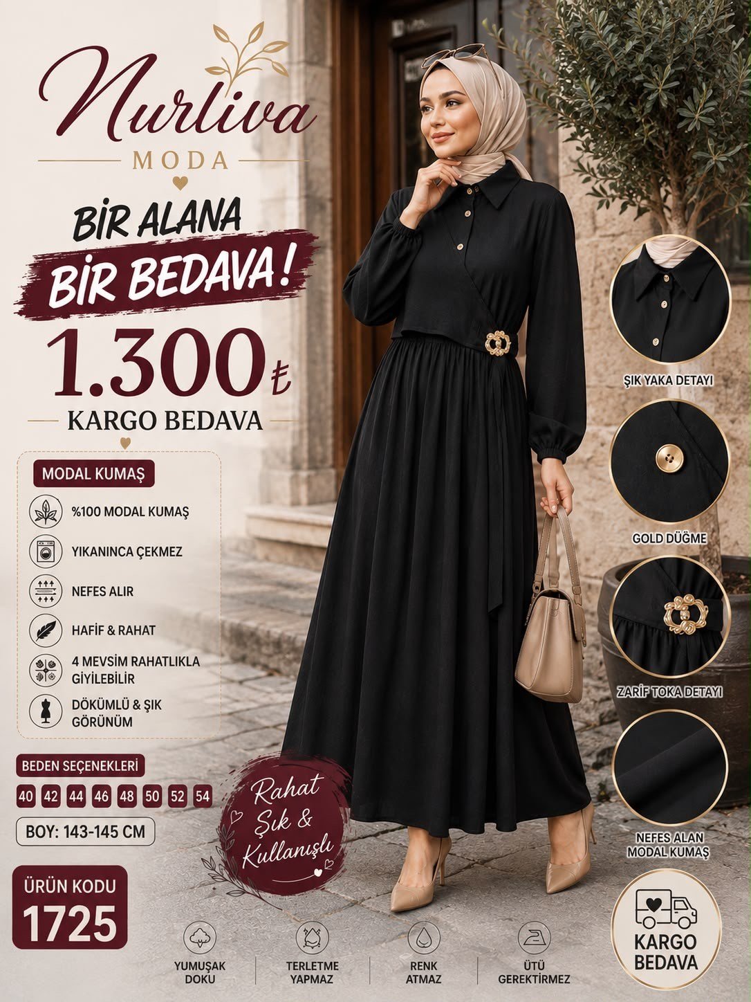 1725 MODAL KUMSAŞ BROŞ DETAYLI YANDAN BAĞLAMALI YENİ SEZON ELBİSE SİYAH