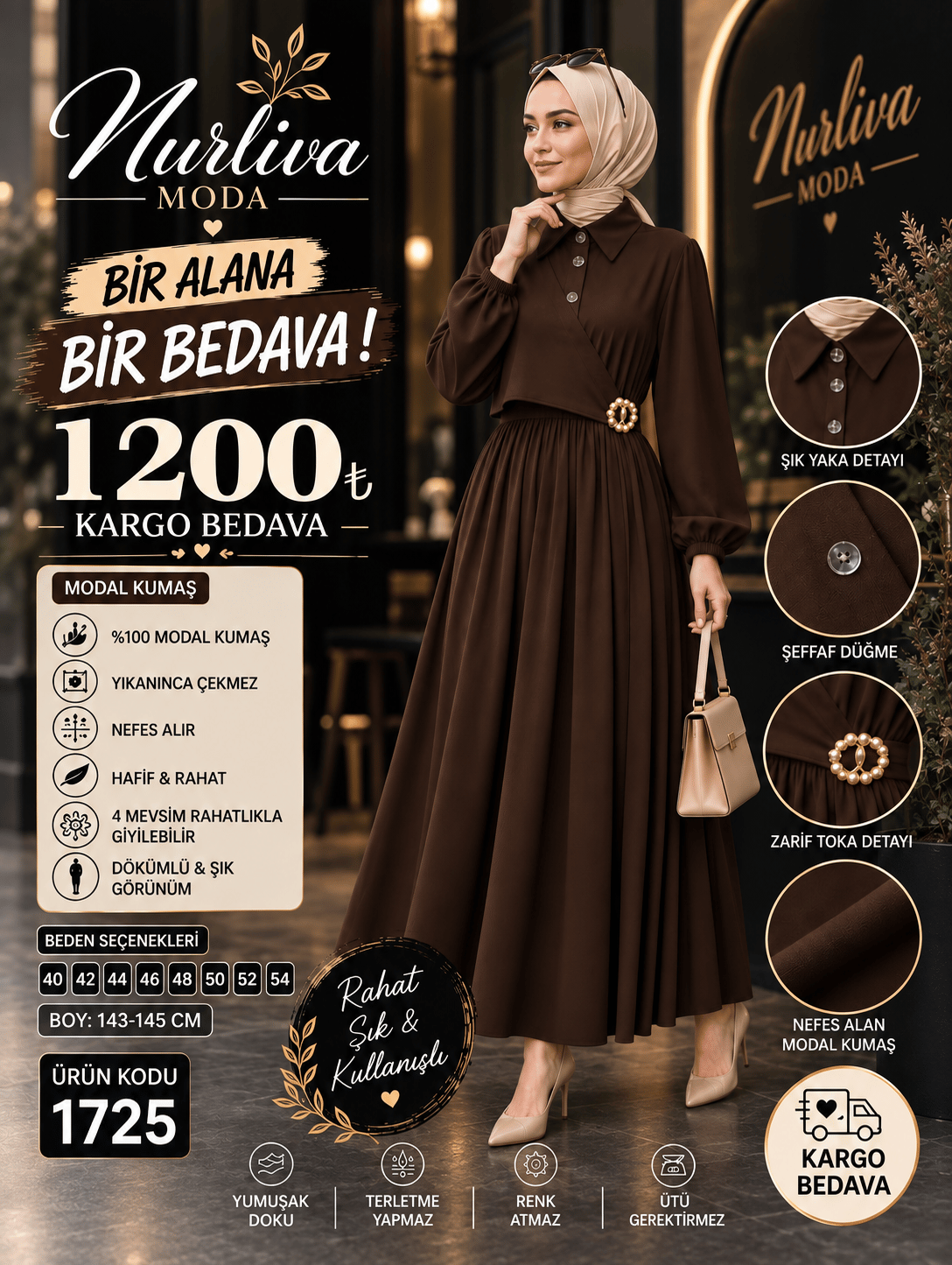 1725 MODAL KUMSAŞ BROŞ DETAYLI YANDAN BAĞLAMALI YENİ SEZON ELBİSE ACI KAHVE 