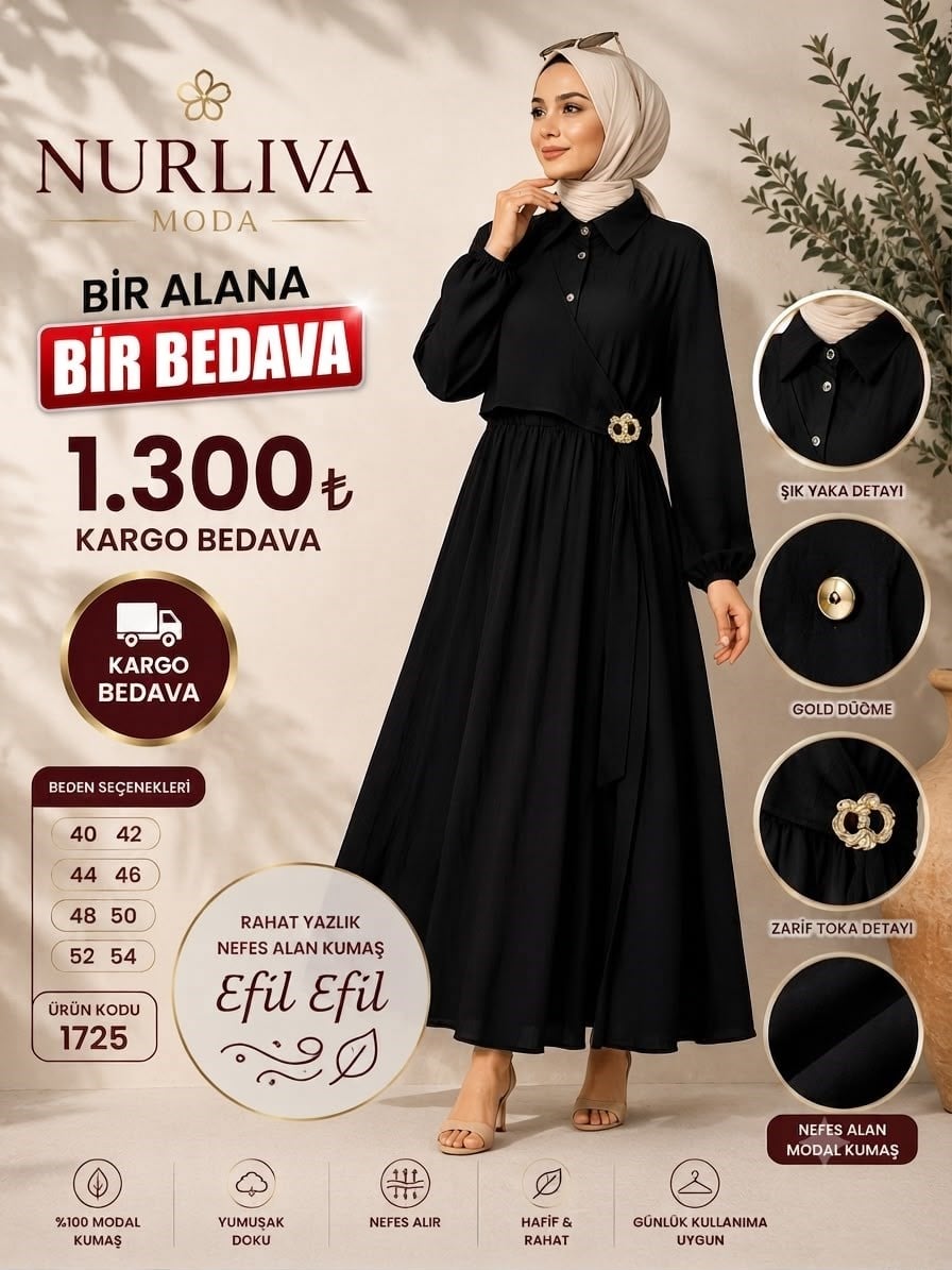 1725 MODAL KUMSAŞ BROŞ DETAYLI YANDAN BAĞLAMALI YENİ SEZON ELBİSE SİYAH