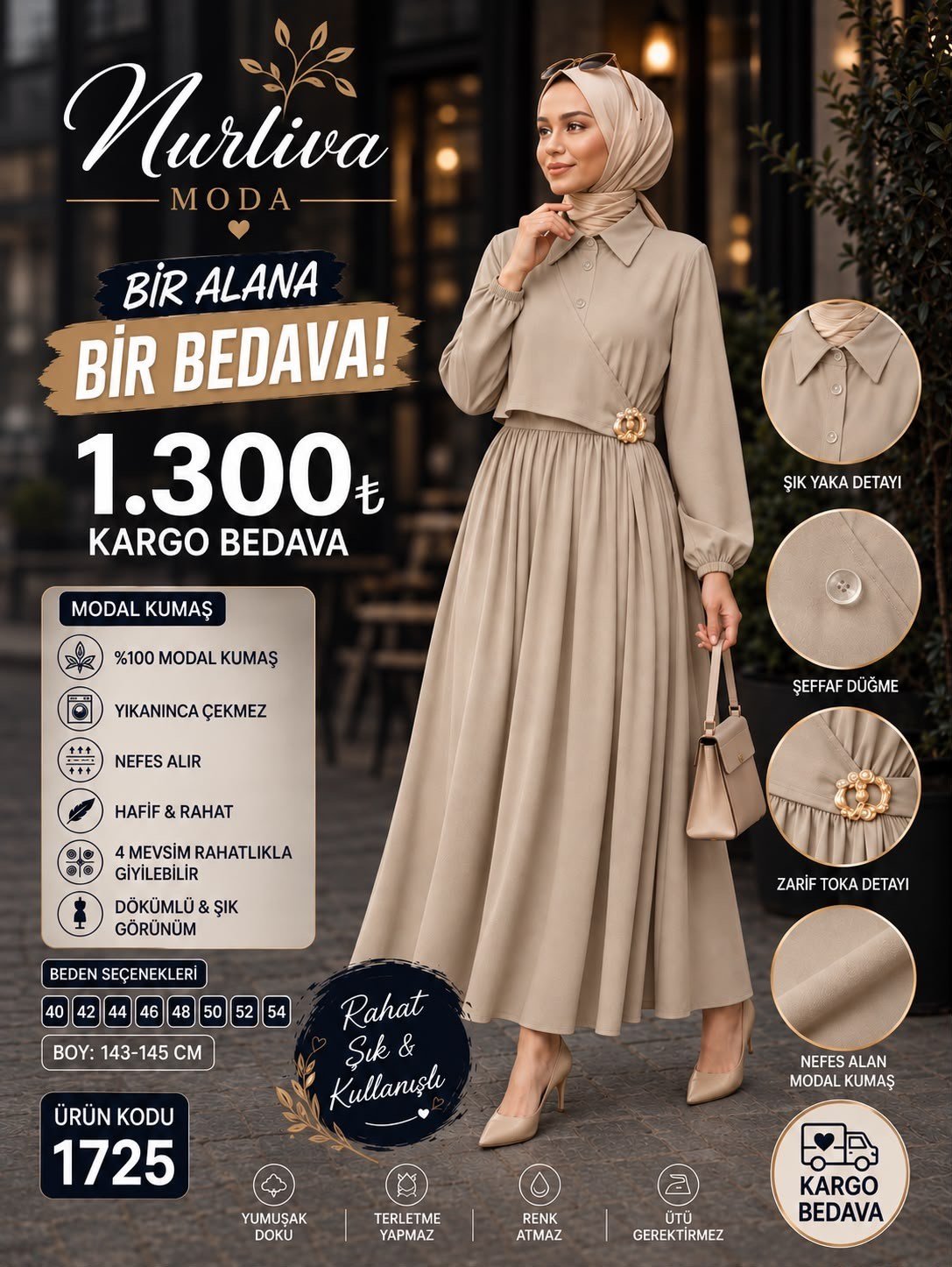 1725 MODAL KUMSAŞ BROŞ DETAYLI YANDAN BAĞLAMALI YENİ SEZON ELBİSE TAŞ 