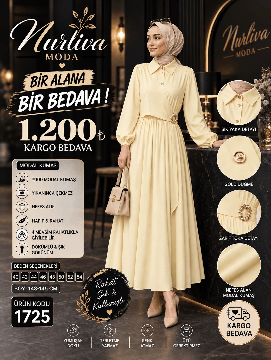 1725 MODAL KUMSAŞ BROŞ DETAYLI YANDAN BAĞLAMALI YENİ SEZON ELBİSE SARI 