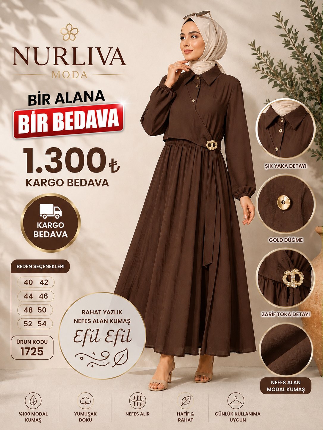 1725 MODAL KUMSAŞ BROŞ DETAYLI YANDAN BAĞLAMALI YENİ SEZON ELBİSE KAHVERENGİ 