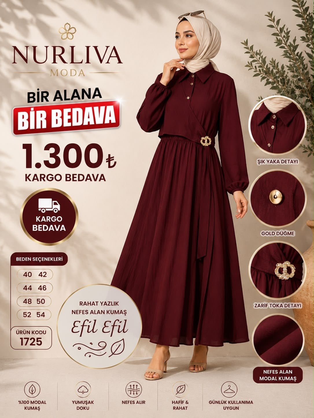 1725 MODAL KUMSAŞ BROŞ DETAYLI YANDAN BAĞLAMALI YENİ SEZON ELBİSE BORDO 