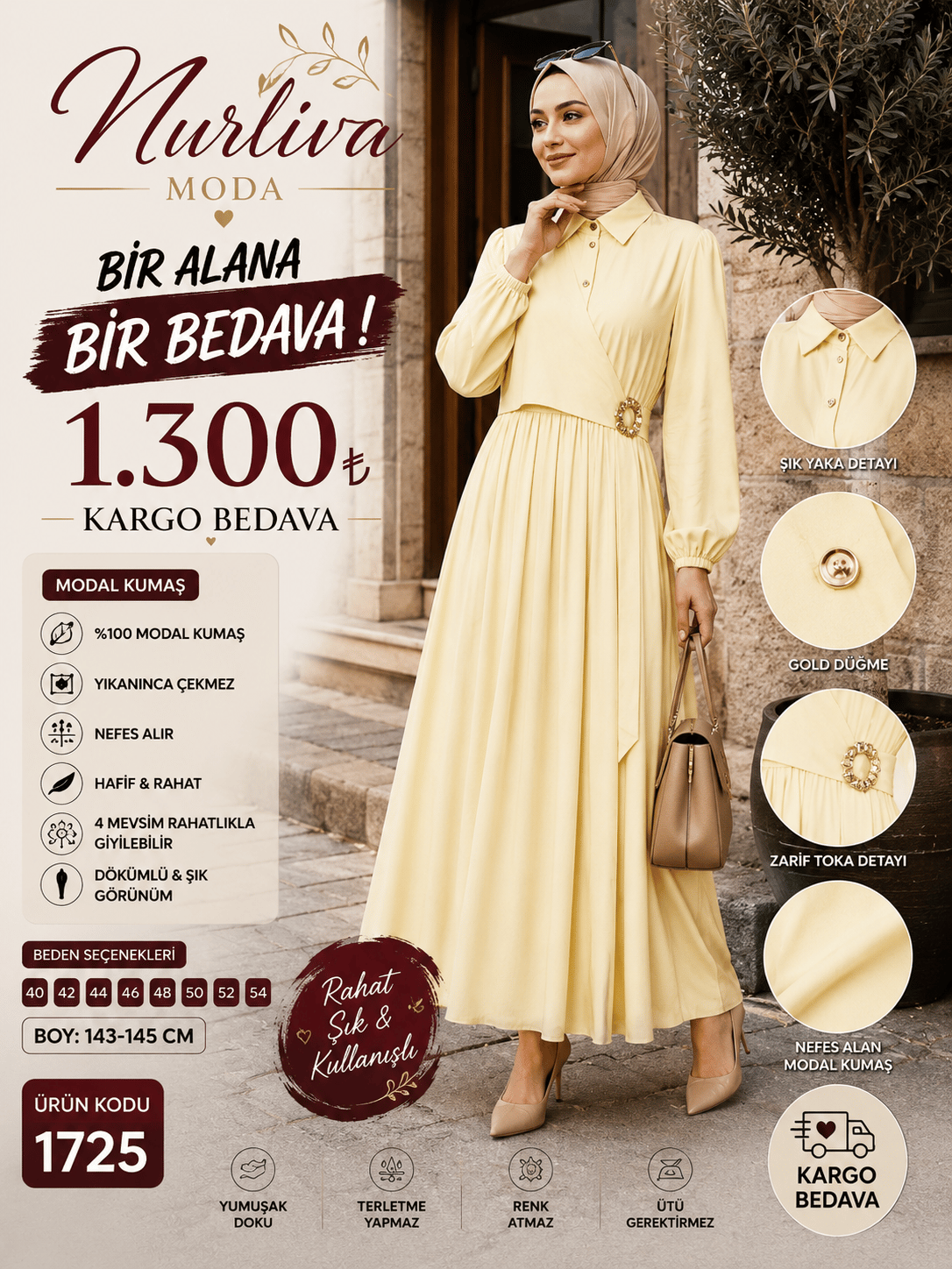 1725 MODAL KUMSAŞ BROŞ DETAYLI YANDAN BAĞLAMALI YENİ SEZON ELBİSE SARI 