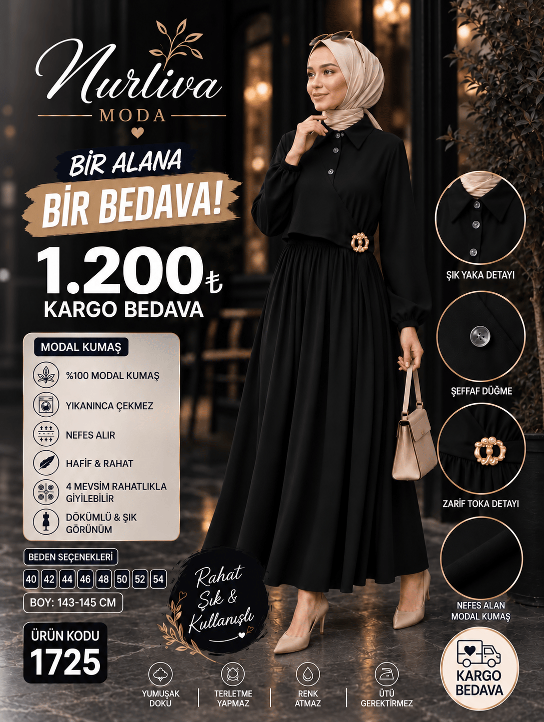 1725 MODAL KUMSAŞ BROŞ DETAYLI YANDAN BAĞLAMALI YENİ SEZON ELBİSE SİYAH