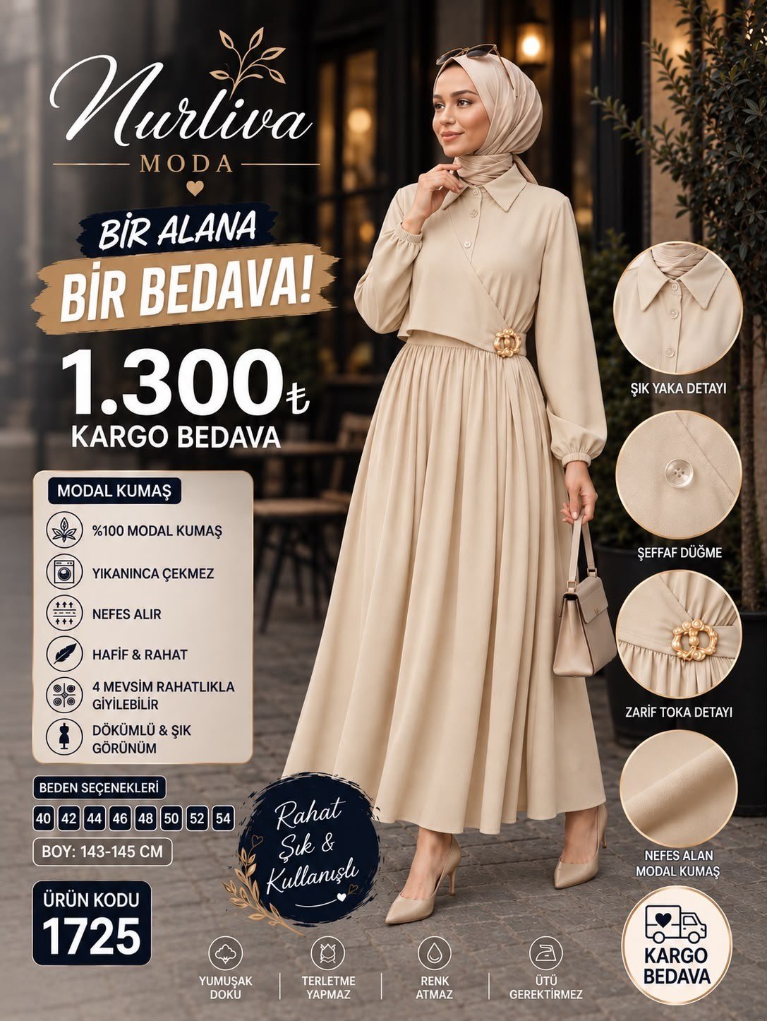 1725 MODAL KUMSAŞ BROŞ DETAYLI YANDAN BAĞLAMALI YENİ SEZON ELBİSE BEJ