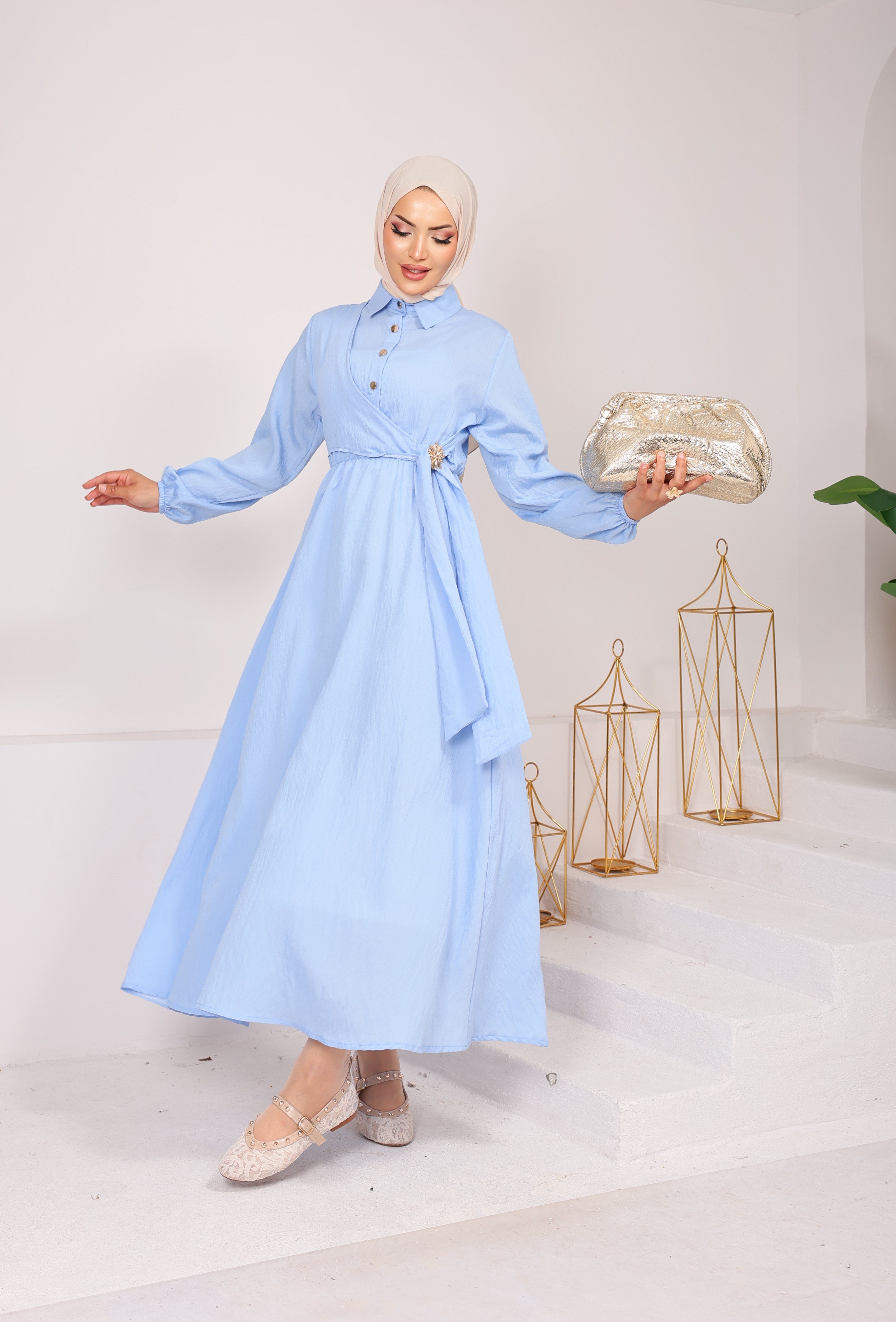 1725 MODAL KUMSAŞ BROŞ DETAYLI YANDAN BAĞLAMALI YENİ SEZON ELBİSE BEBE MAVİSİ 