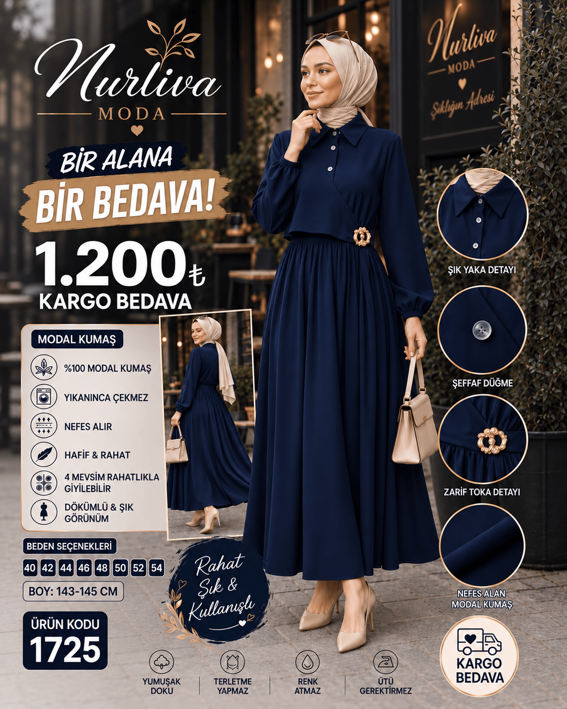 1725 MODAL KUMSAŞ BROŞ DETAYLI YANDAN BAĞLAMALI YENİ SEZON ELBİSE LACİVERT 