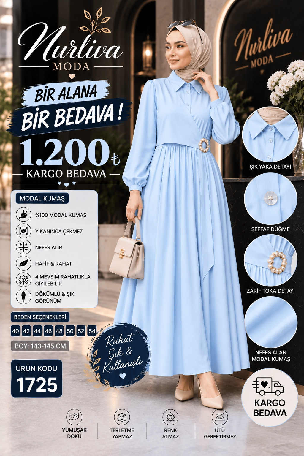 1725 MODAL KUMSAŞ BROŞ DETAYLI YANDAN BAĞLAMALI YENİ SEZON ELBİSE BEBE MAVİSİ 