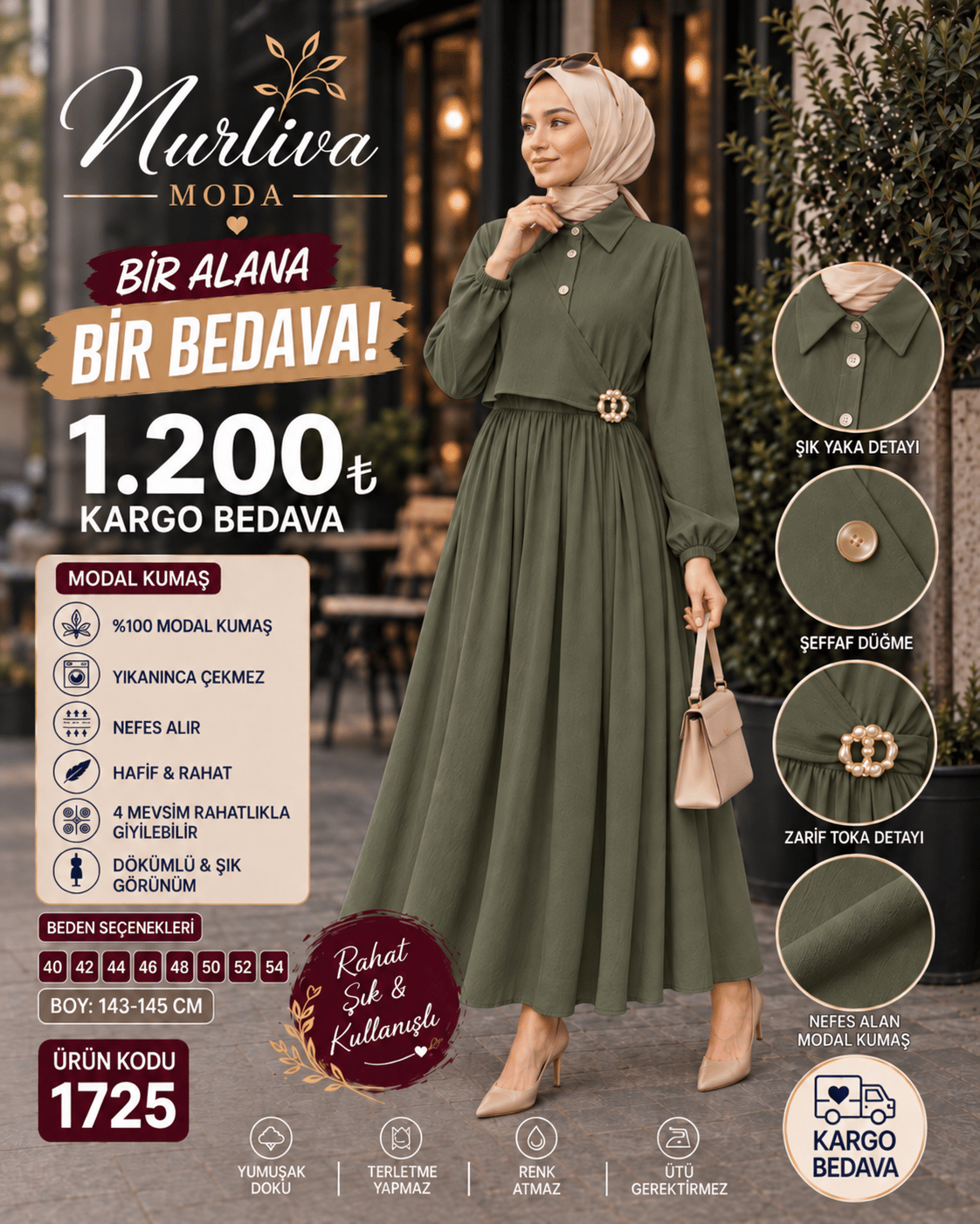 1725 MODAL KUMSAŞ BROŞ DETAYLI YANDAN BAĞLAMALI YENİ SEZON ELBİSE HAKİ 