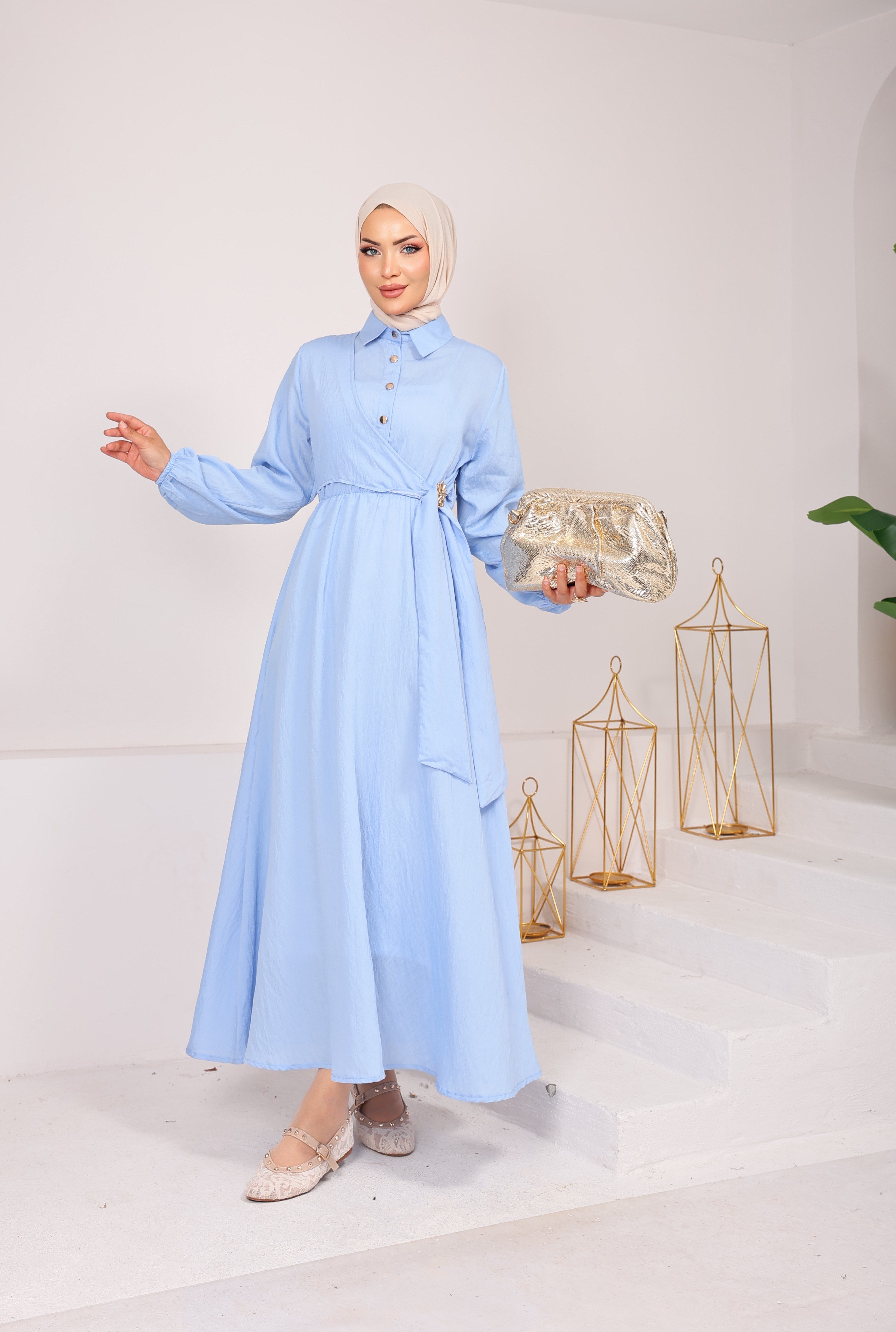 1725 MODAL KUMSAŞ BROŞ DETAYLI YANDAN BAĞLAMALI YENİ SEZON ELBİSE BEBE MAVİSİ 