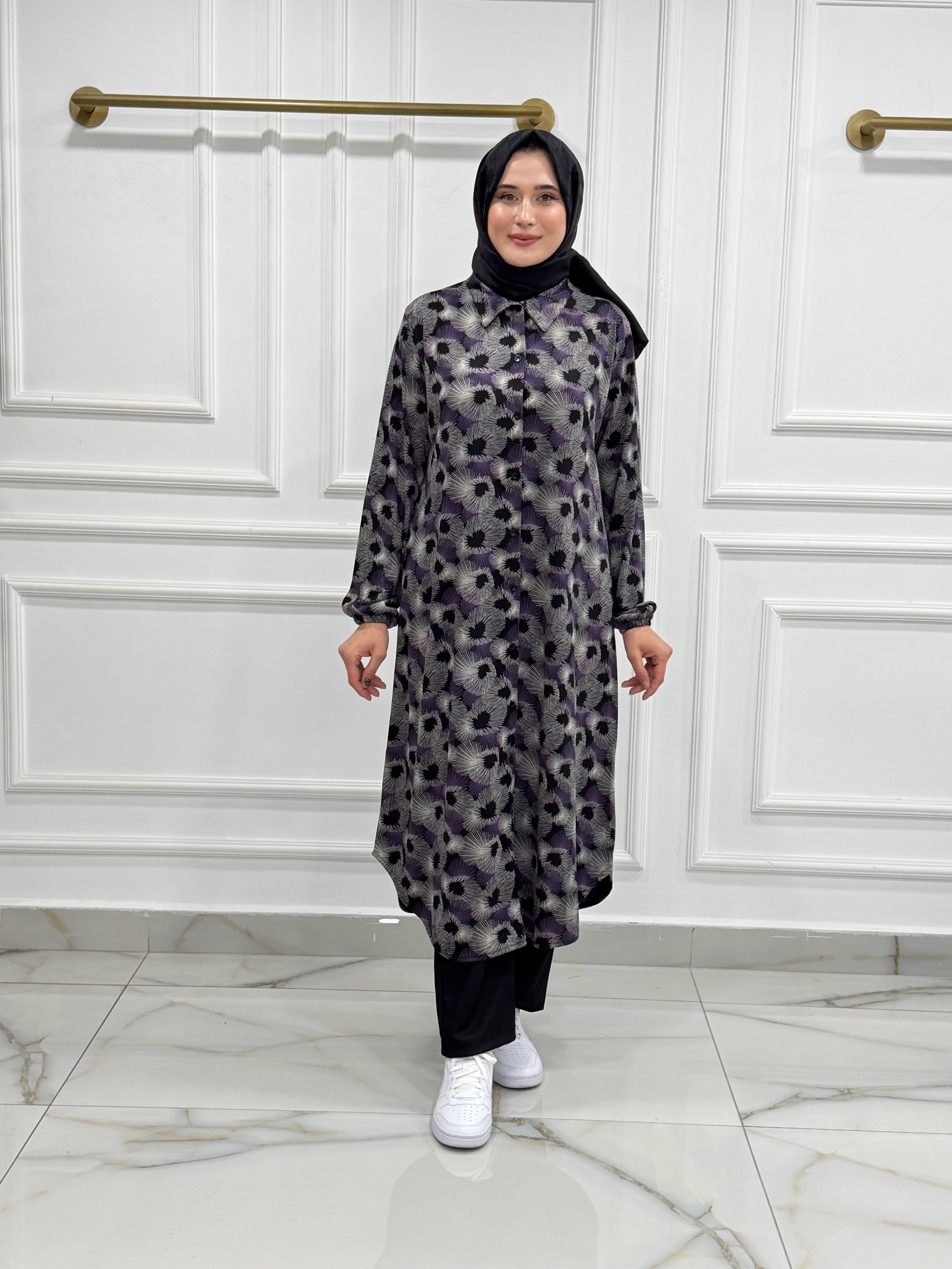 1732 PENYE KUMAŞ BOYDAN DÜĞMELİ UZUN TUNİK  ÇİÇEKLİ MOR 
