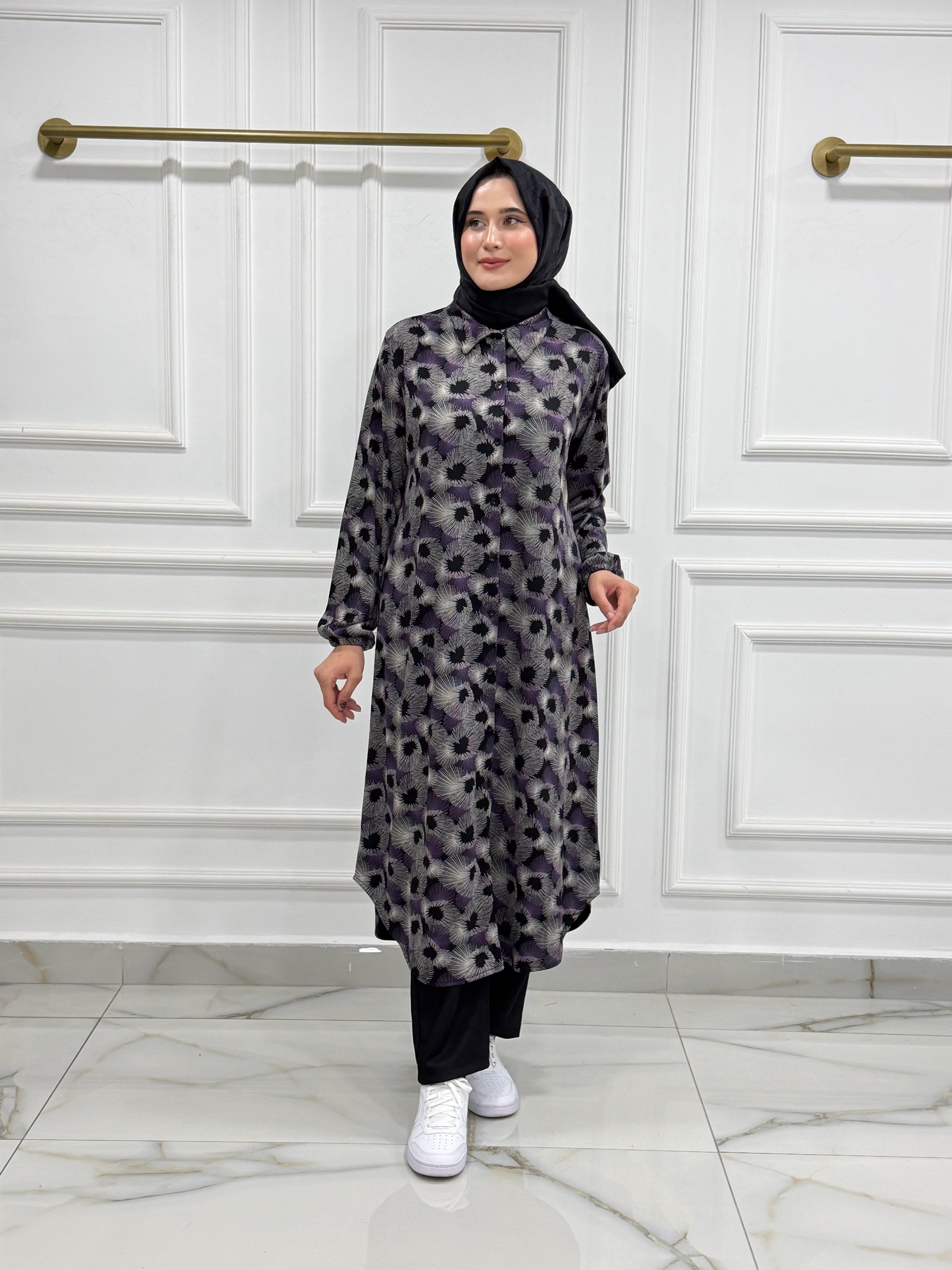 1732 PENYE KUMAŞ BOYDAN DÜĞMELİ UZUN TUNİK  ÇİÇEKLİ MOR 