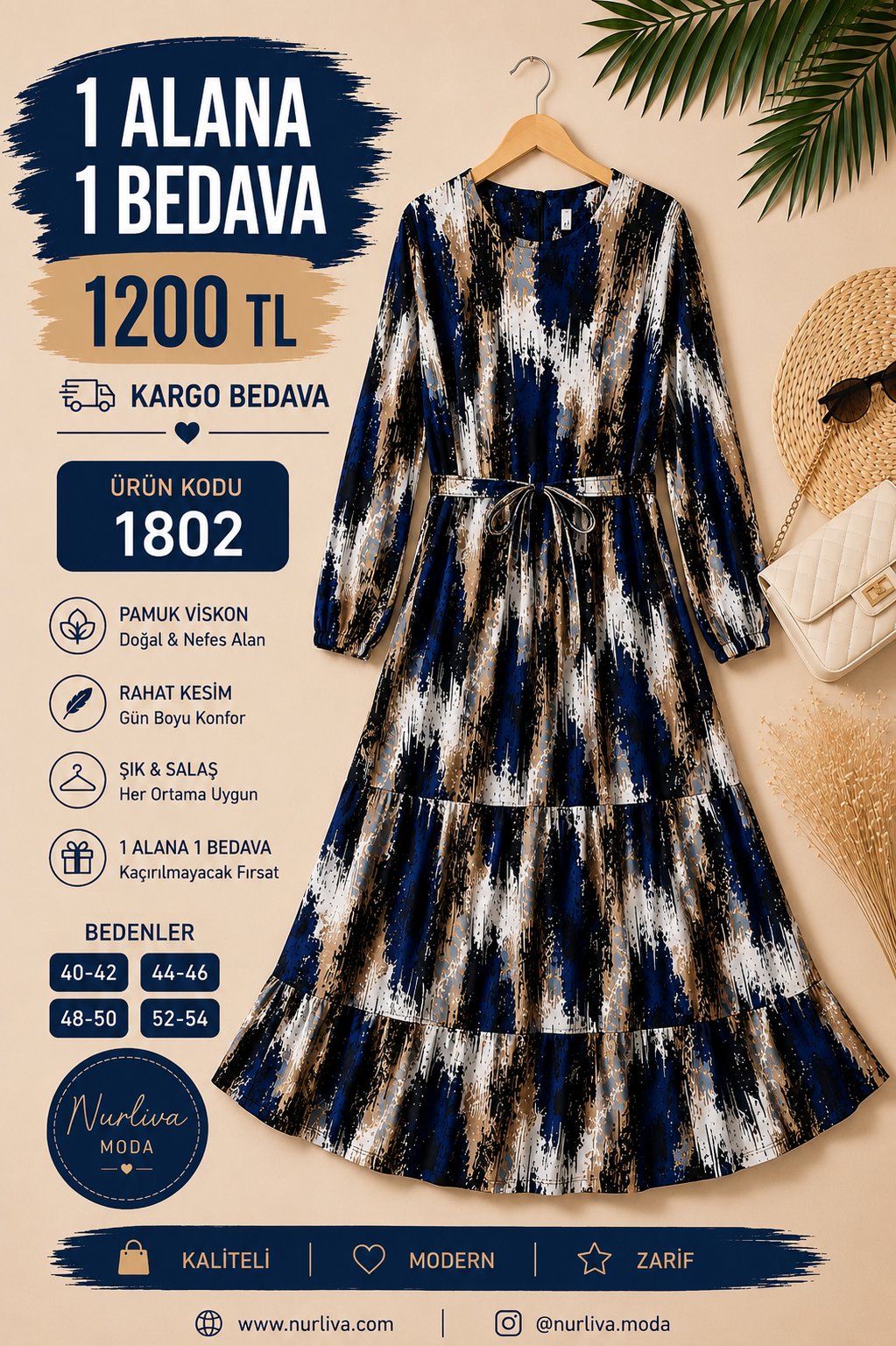 1802 BELDEN BAĞLAMALI BOYDAN VİSKON ELBİSE MAVİ