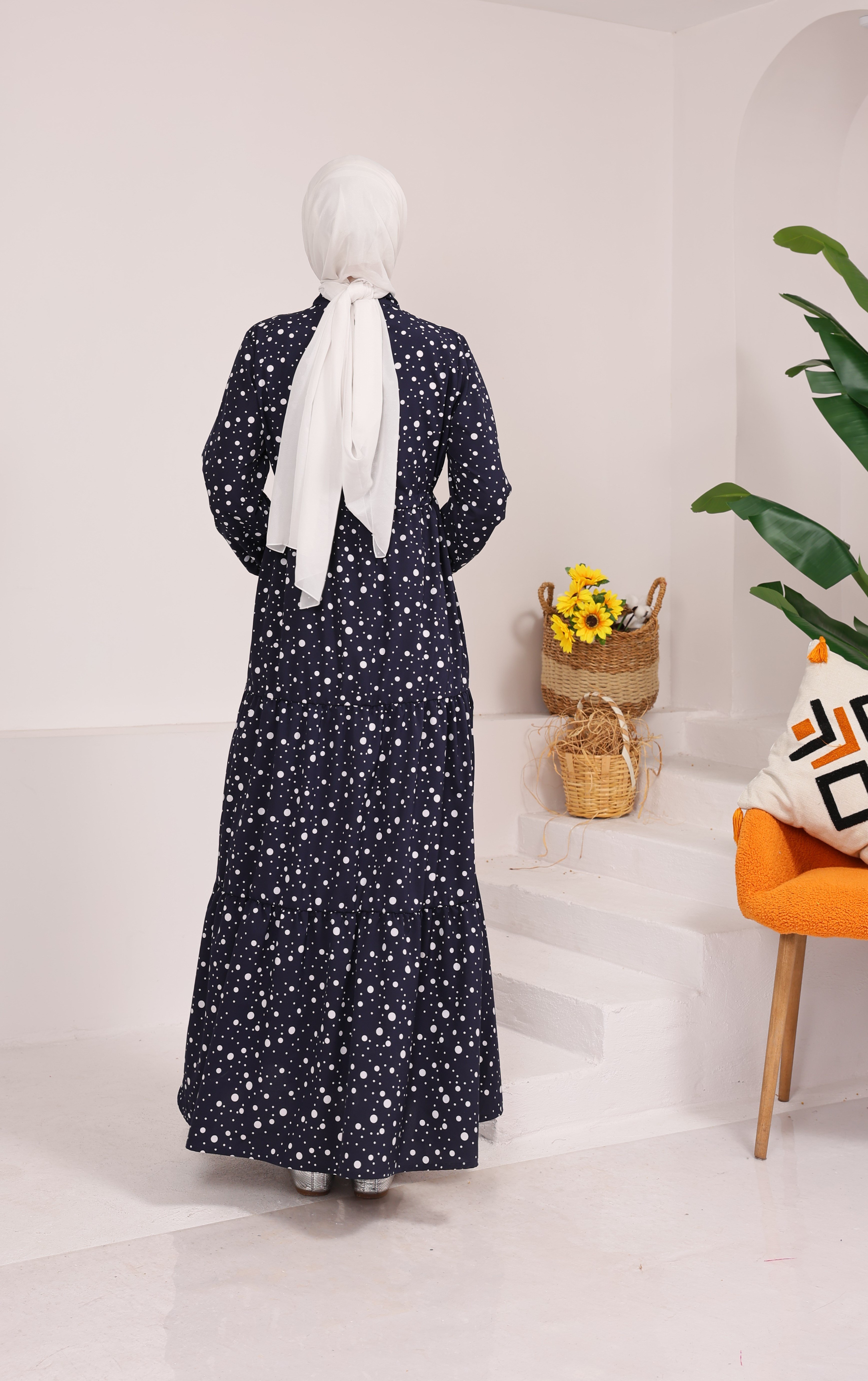 18468  BÜYÜK PUANTİYELİ BELDEN BAĞLAMALI VİSKON KUMAŞ ELBİSE LACİVERT 