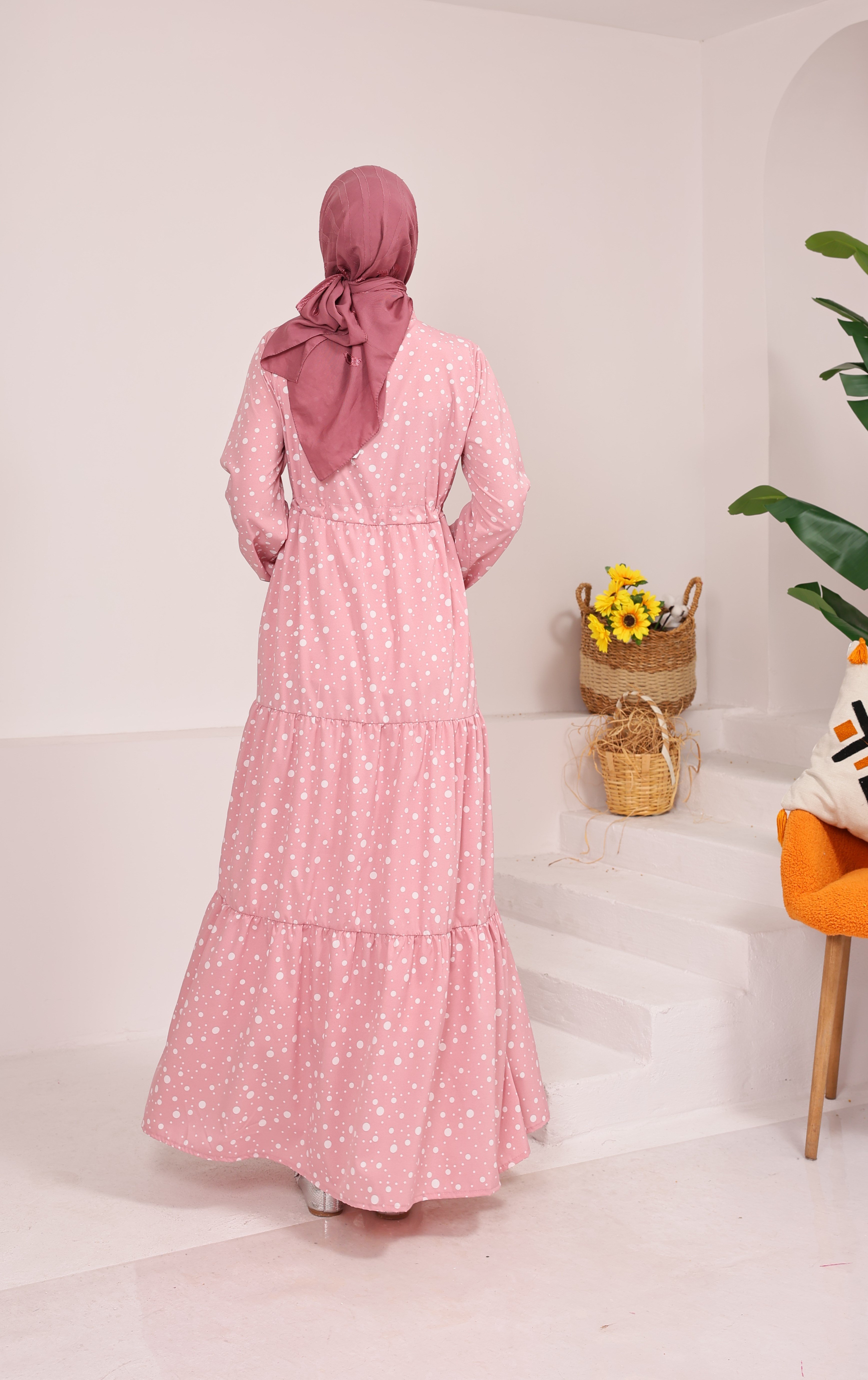 18468  BÜYÜK PUANTİYELİ BELDEN BAĞLAMALI VİSKON KUMAŞ ELBİSE TOZ PEMBE 