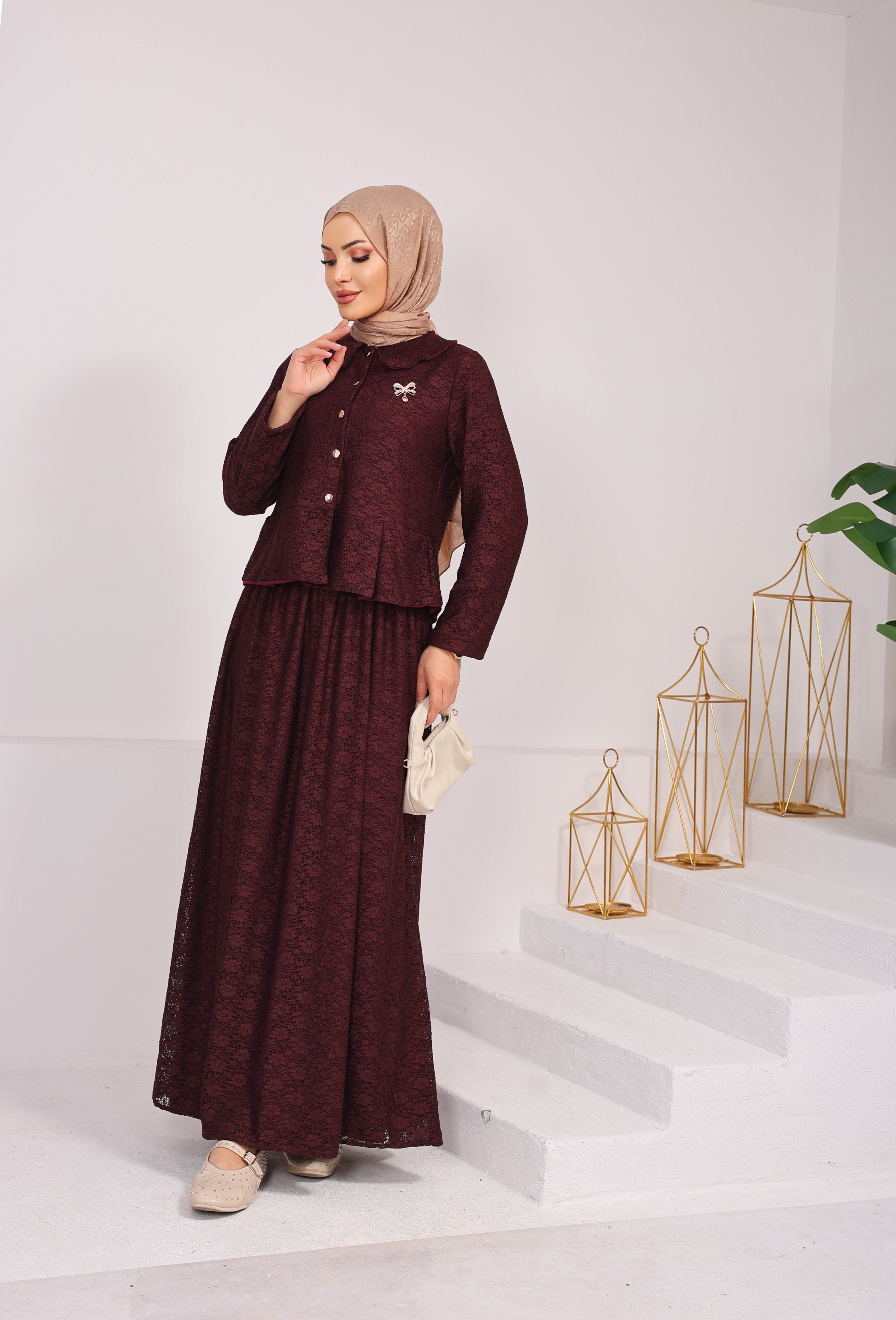 1849 BROŞ DETAYLI BOYDAN DÜĞMELİ DANTEL ETEKLİ KUMAŞ ASTARLI BORDO 