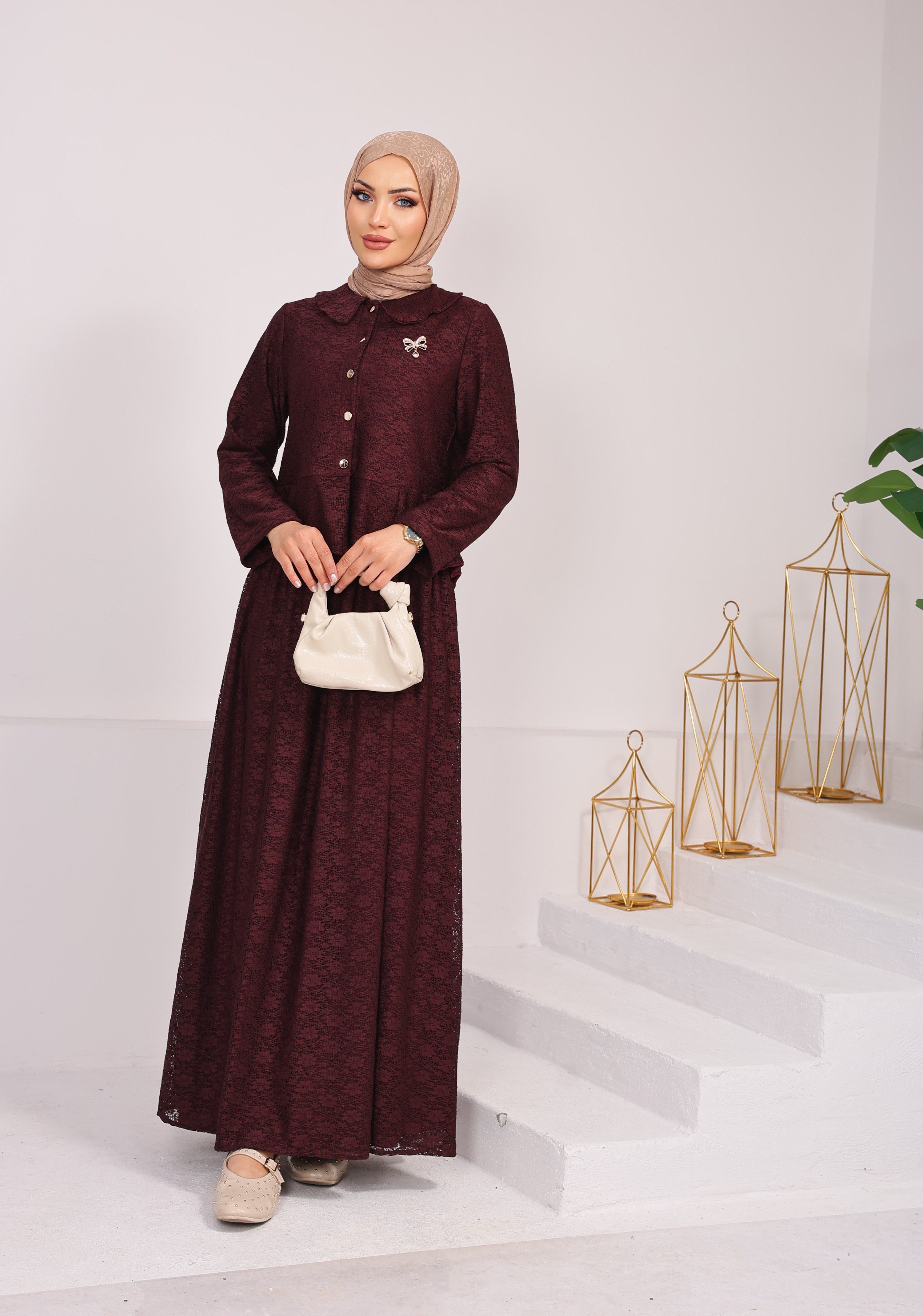 1849 BROŞ DETAYLI BOYDAN DÜĞMELİ DANTEL ETEKLİ KUMAŞ ASTARLI BORDO 