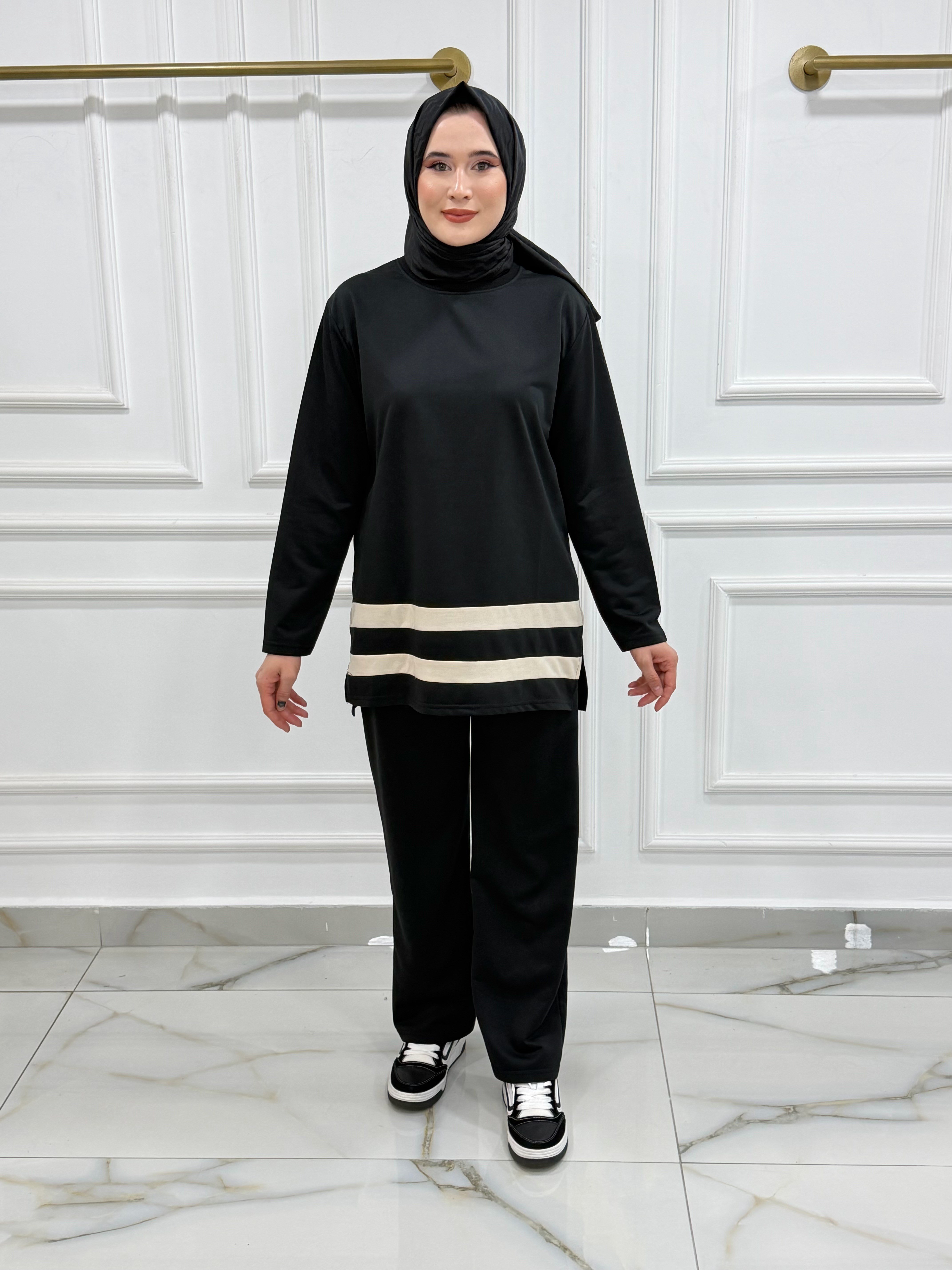 2069 İKİ İPLİK KUMAŞ PANTOLONLU TUNİK TAKIM SİYAH 