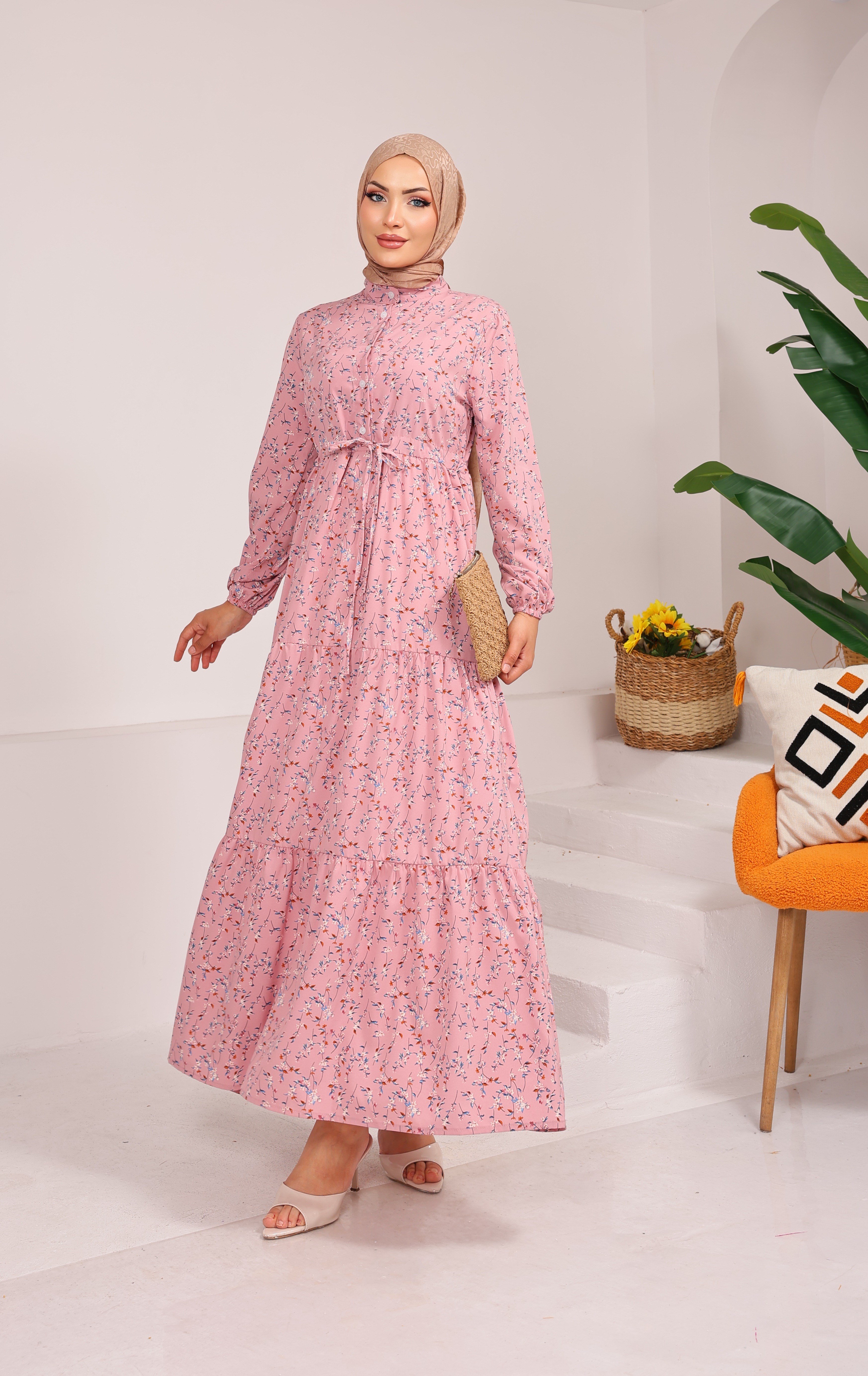 37491 ÇİÇEKLİ VİSKON BELDEN BAĞLAMALI VİSKON ELBİSE  PEMBE 