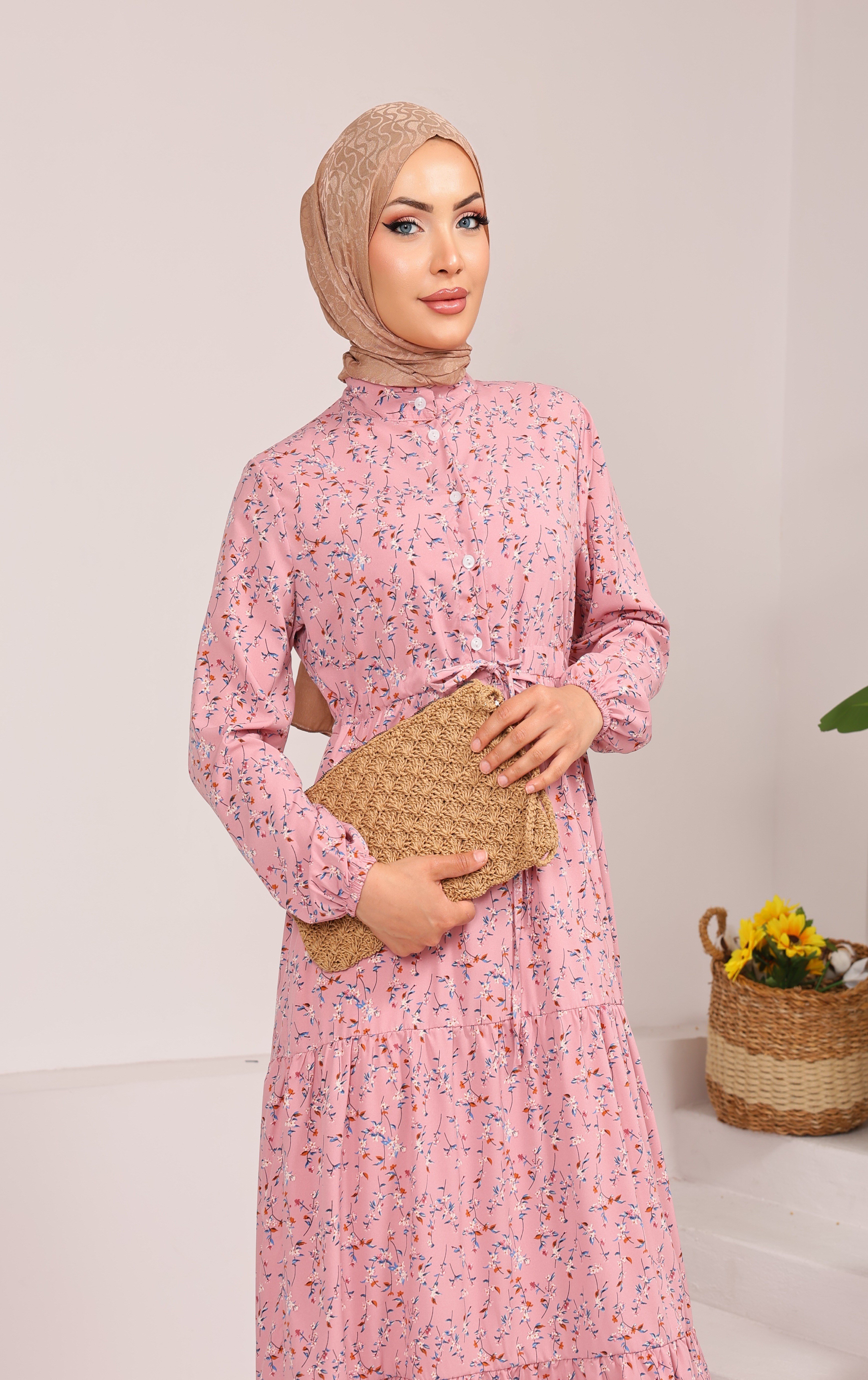 37491 ÇİÇEKLİ VİSKON BELDEN BAĞLAMALI VİSKON ELBİSE  PEMBE 