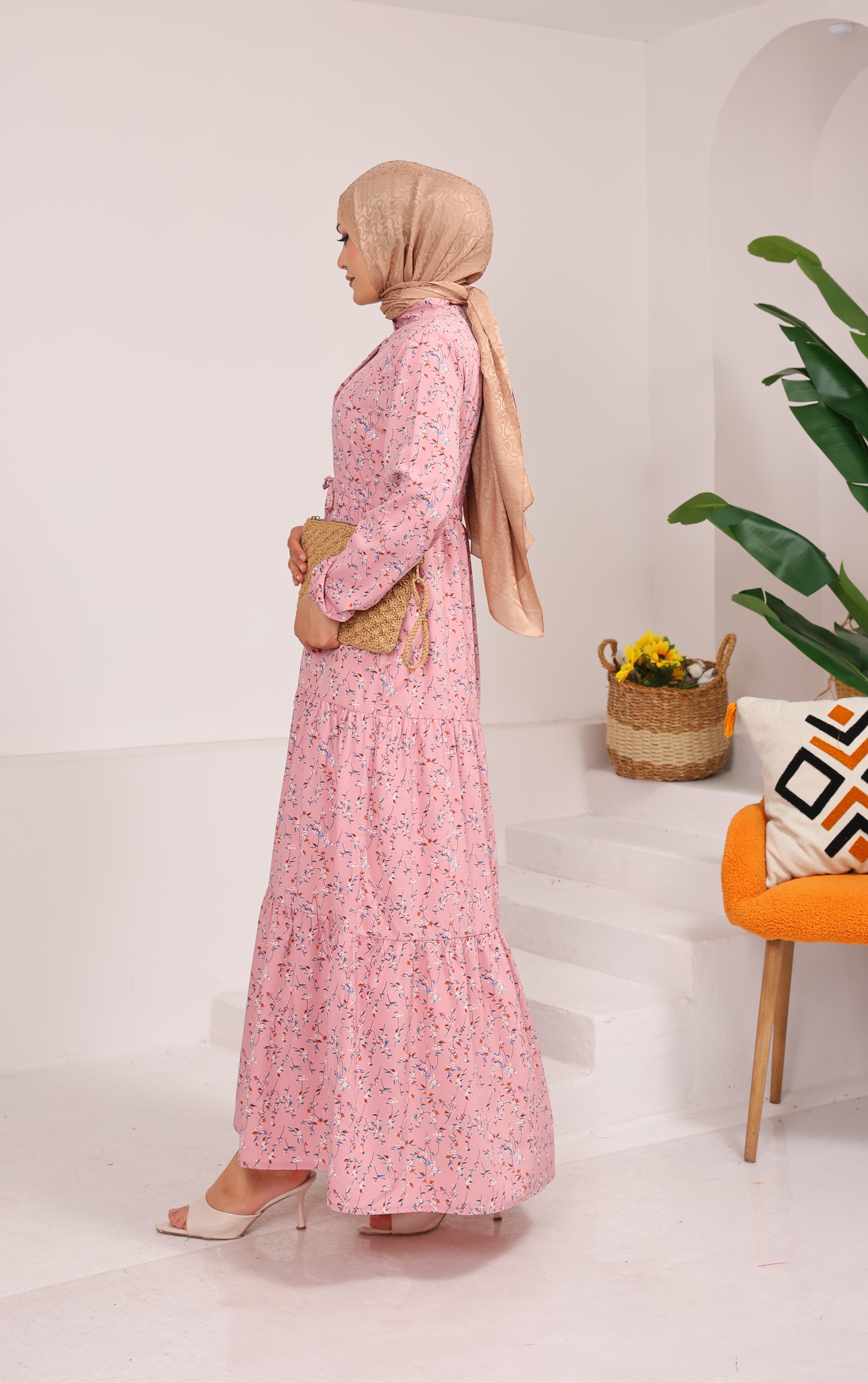 37491 ÇİÇEKLİ VİSKON BELDEN BAĞLAMALI VİSKON ELBİSE  PEMBE 