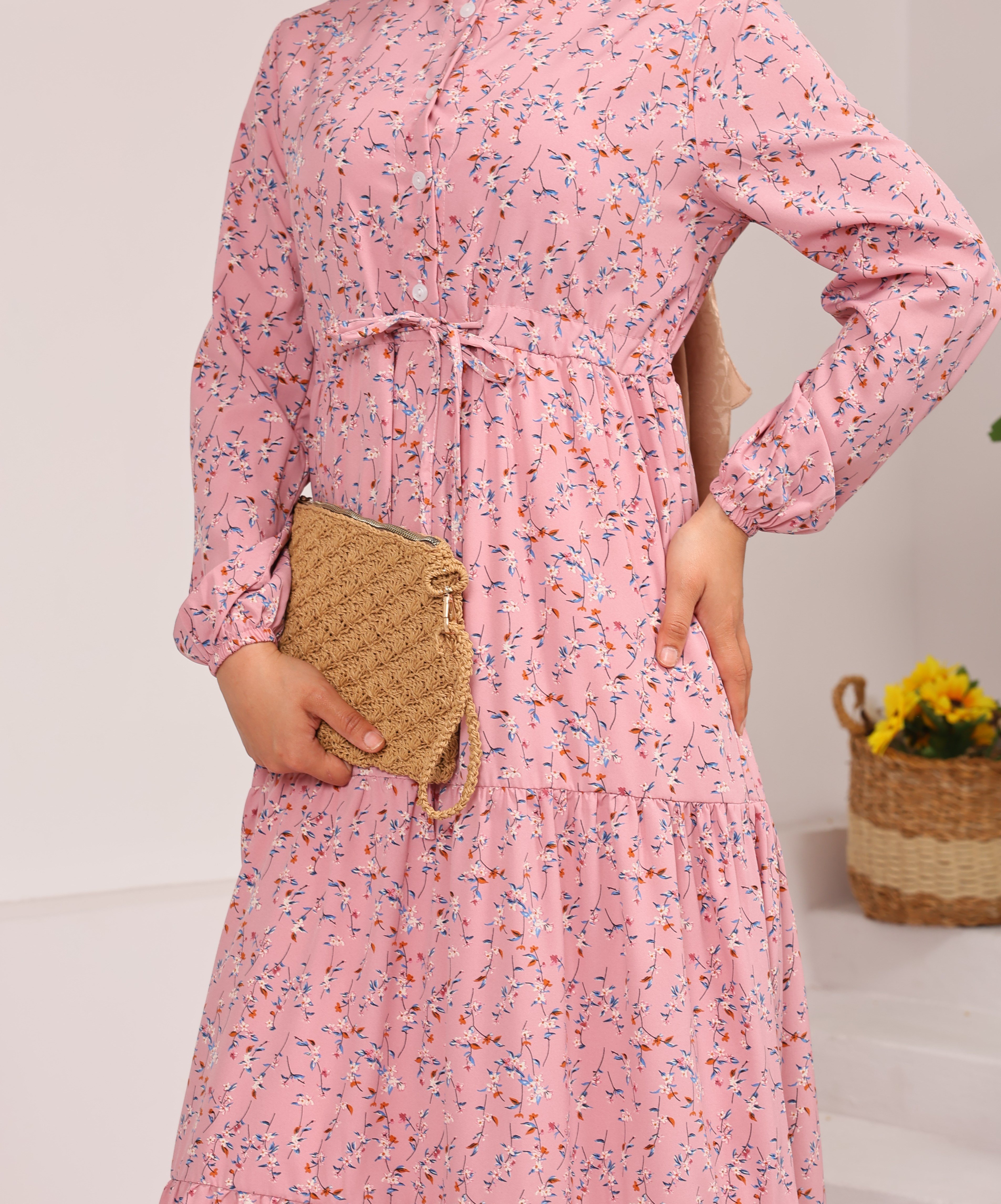 37491 ÇİÇEKLİ VİSKON BELDEN BAĞLAMALI VİSKON ELBİSE  PEMBE 