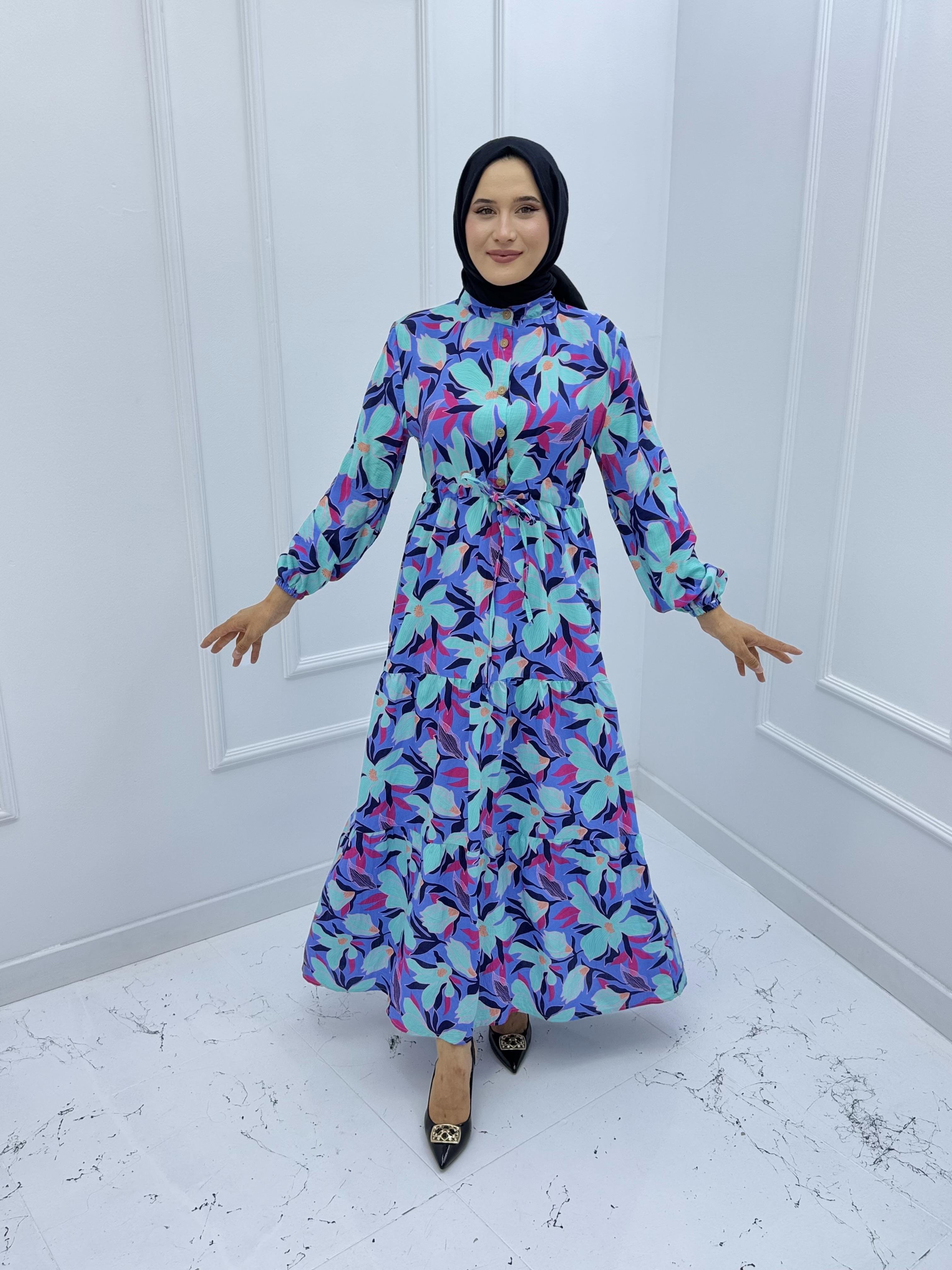 3789 MODAL KUMAŞ ÇİÇEK DESENLİ ELBİSE ÇOK  RENKLİ 19